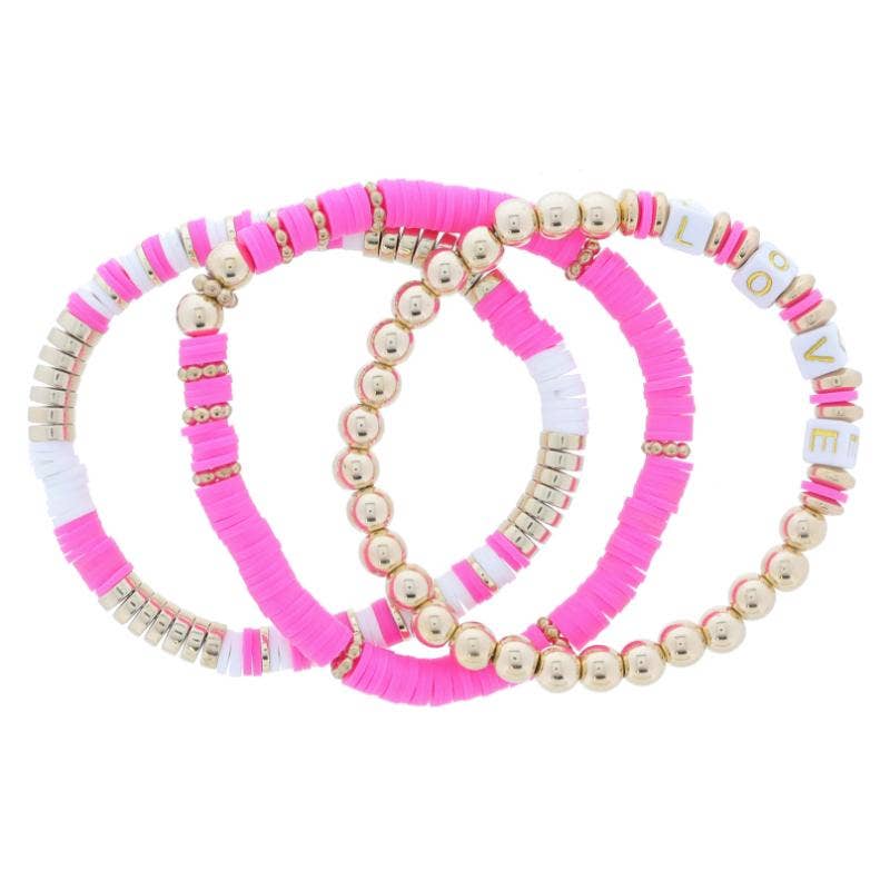 Set of 3 Pink & White Sequin & Beaded LOVE Beads Bracelet