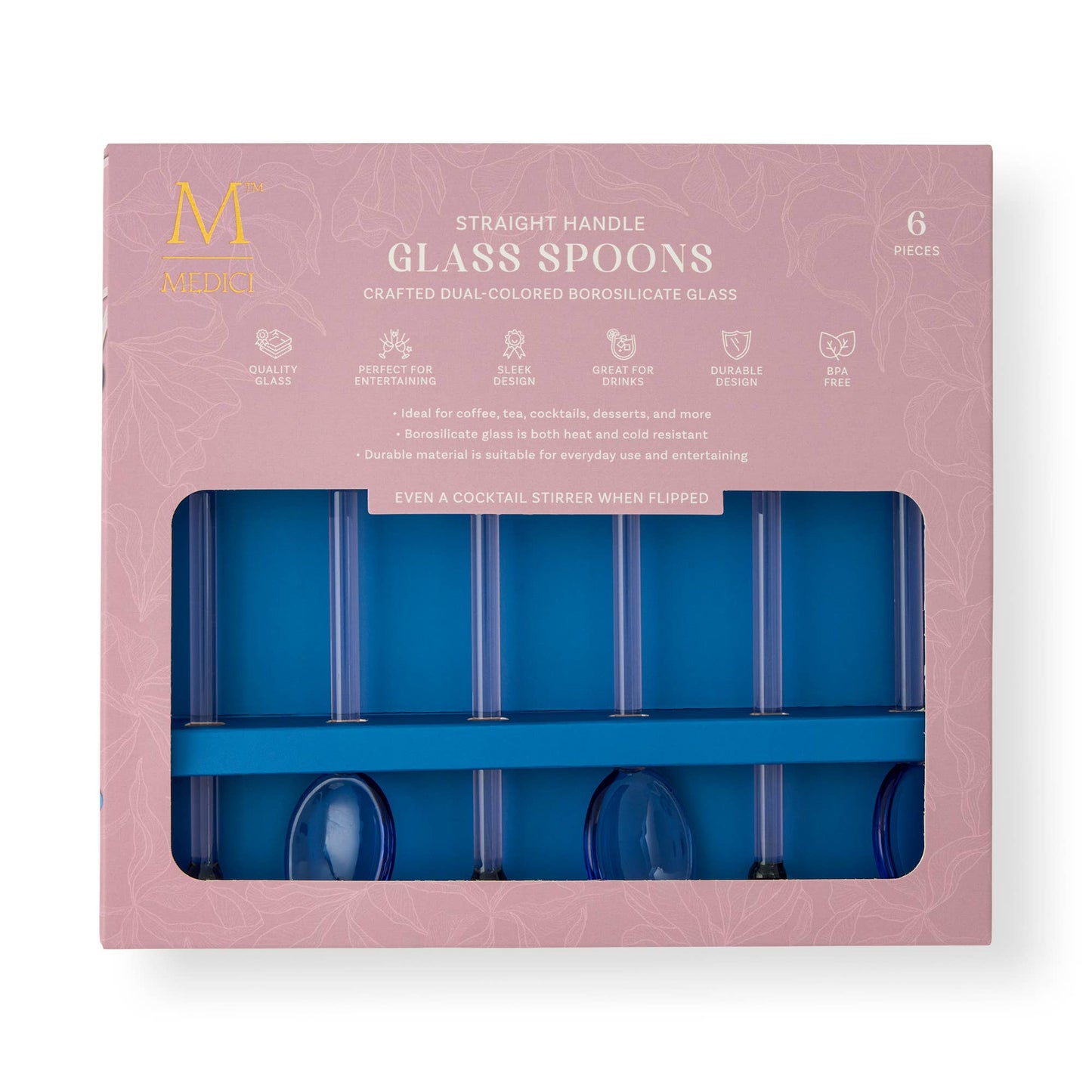 6pk Straight Handle Glass Spoons - Blue/Pink