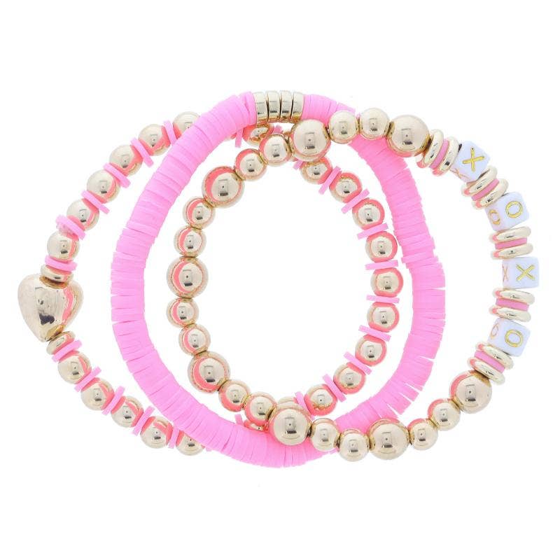 Set of 3 Pink Rubber Sequin Beaded with XOXO Bracelet
