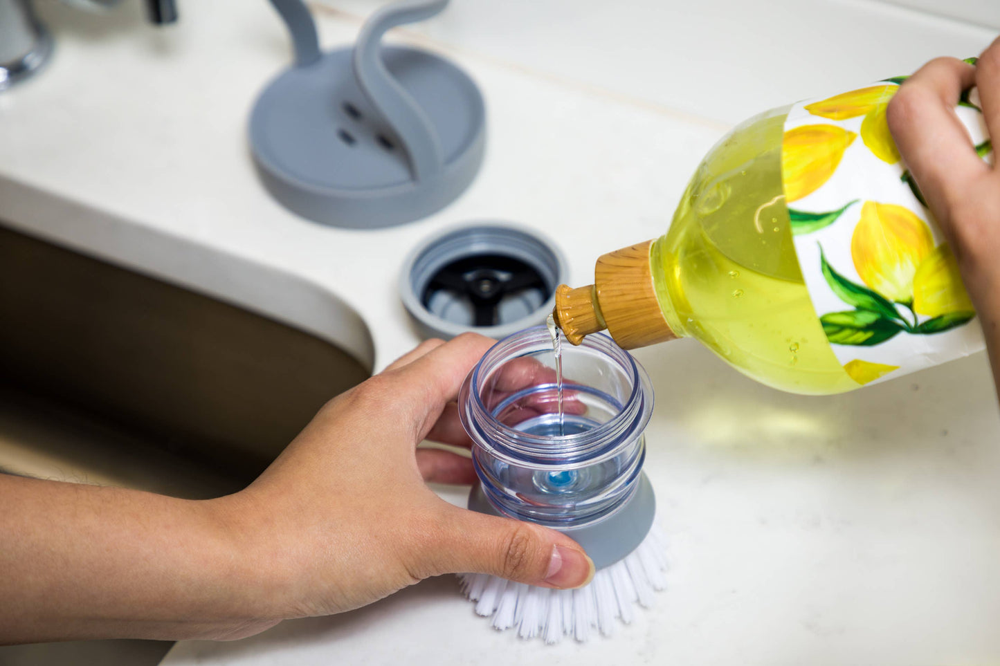 Dispensing Soap Scrub Brush with Holder - Pewter