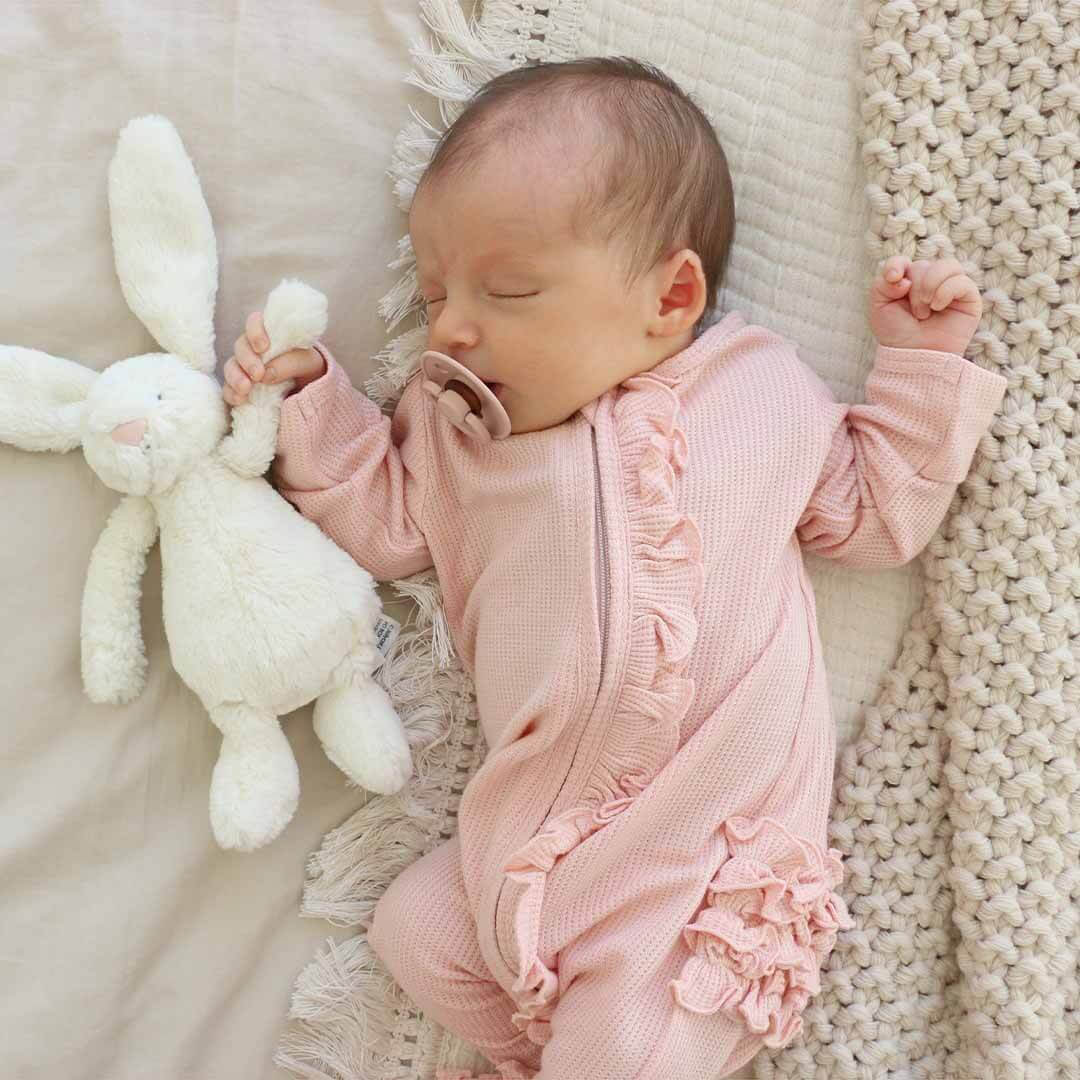Lovely Pink Bamboo Waffle Zipper Ruffle Footie: Newborn