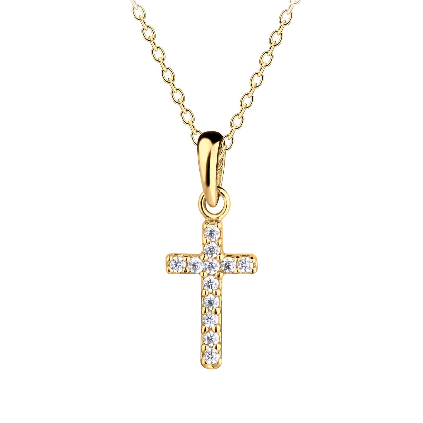 14K Gold-Plated Kids Cross CZ Necklace for Girls Communion: 16-18 inch