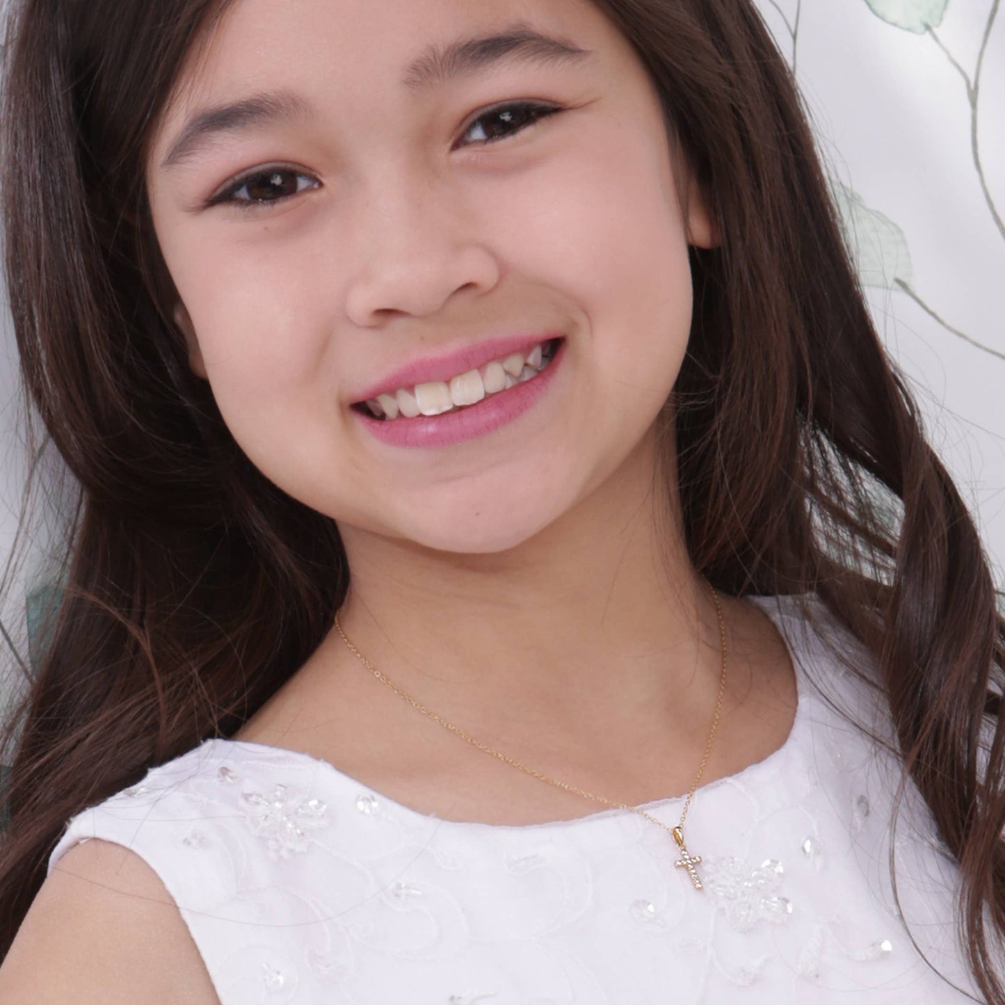 14K Gold-Plated Kids Cross CZ Necklace for Girls Communion: 16-18 inch