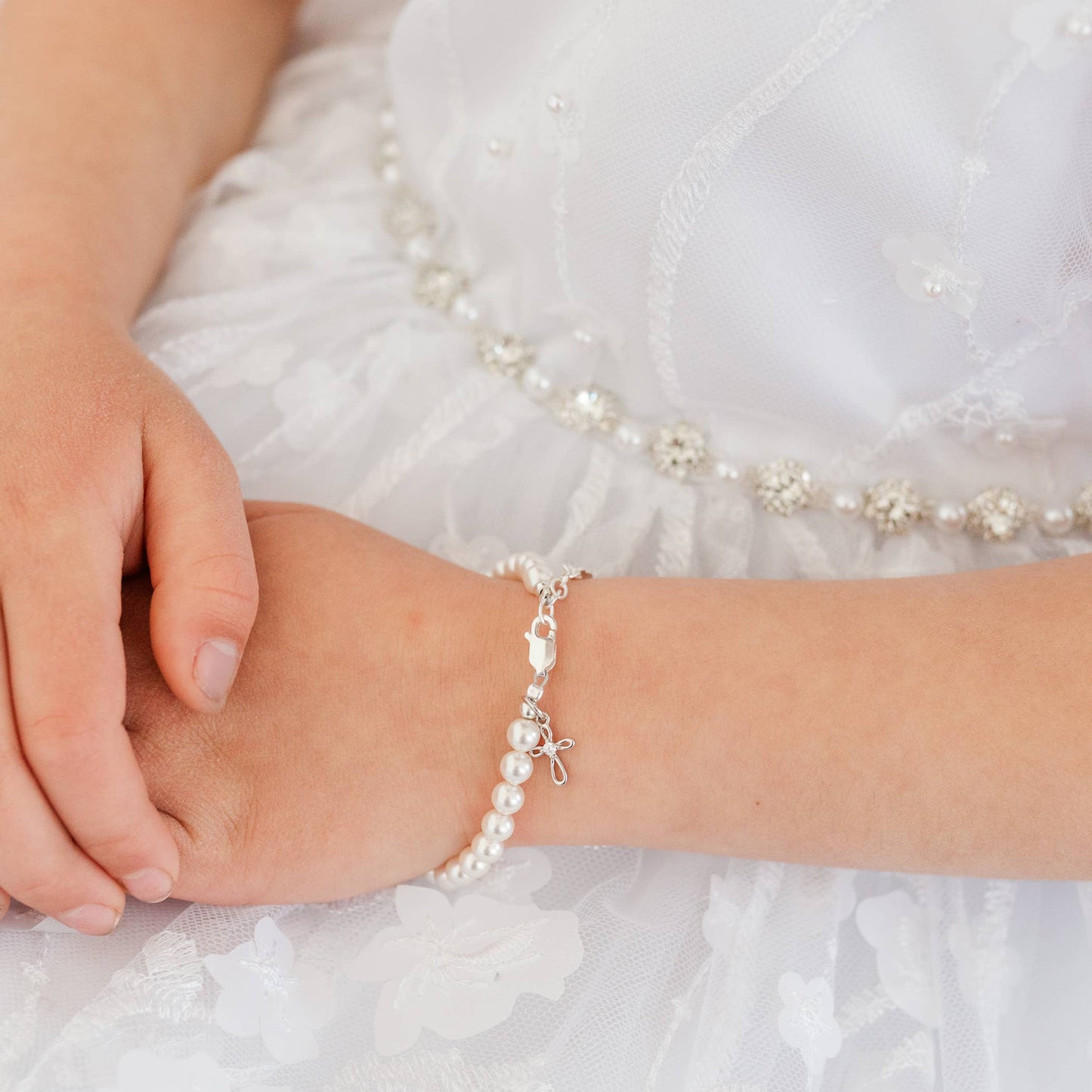 Girls Silver Pearl Baby Baptism Bracelet, 1st Communion Gift: Small 0-12m