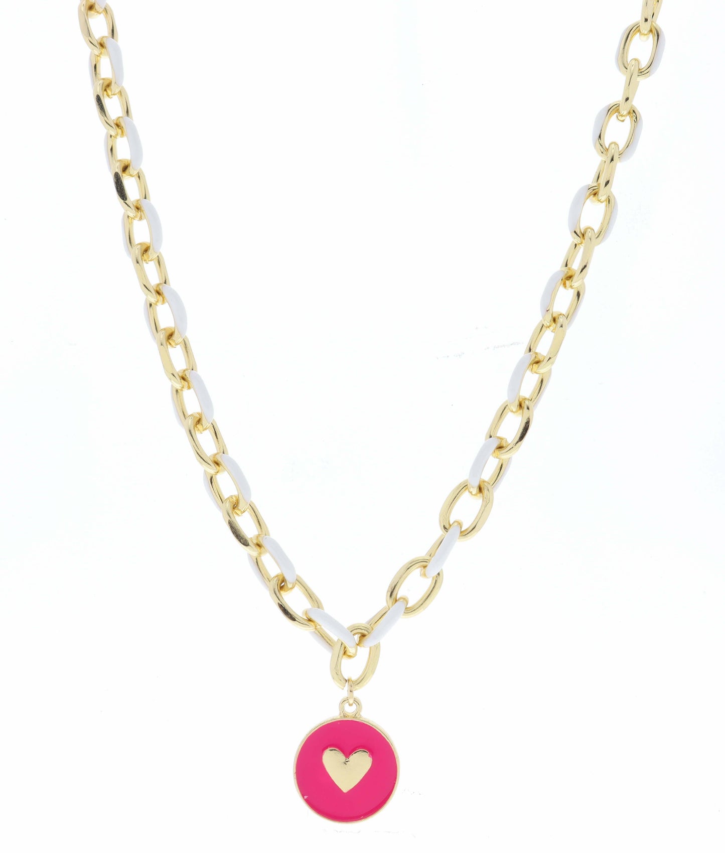White Chain and Hot Pink Disc with Gold Heart Necklace