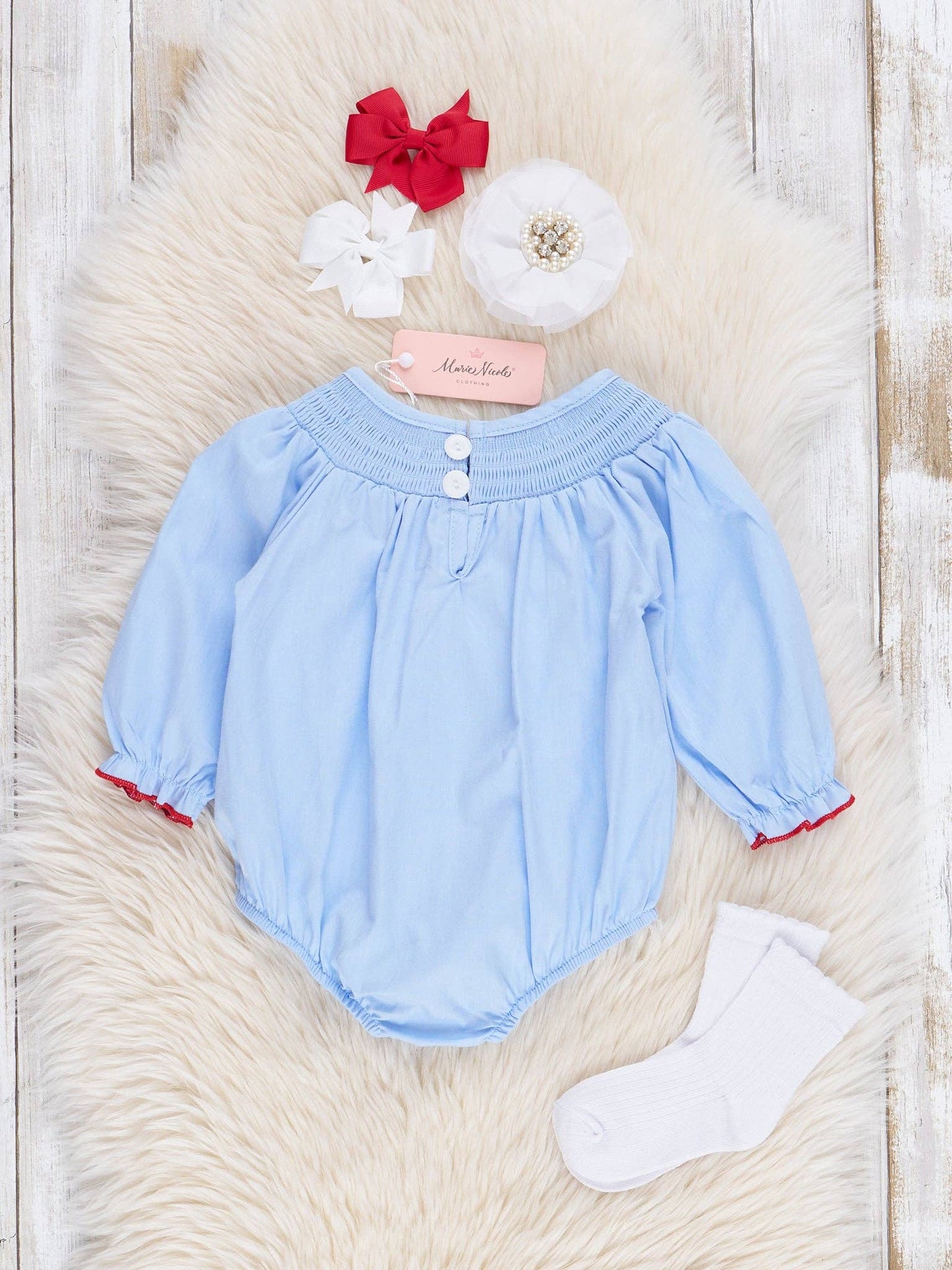 Blue Chambray Smocked Santas Ruffle Bubble: 18/24MOS