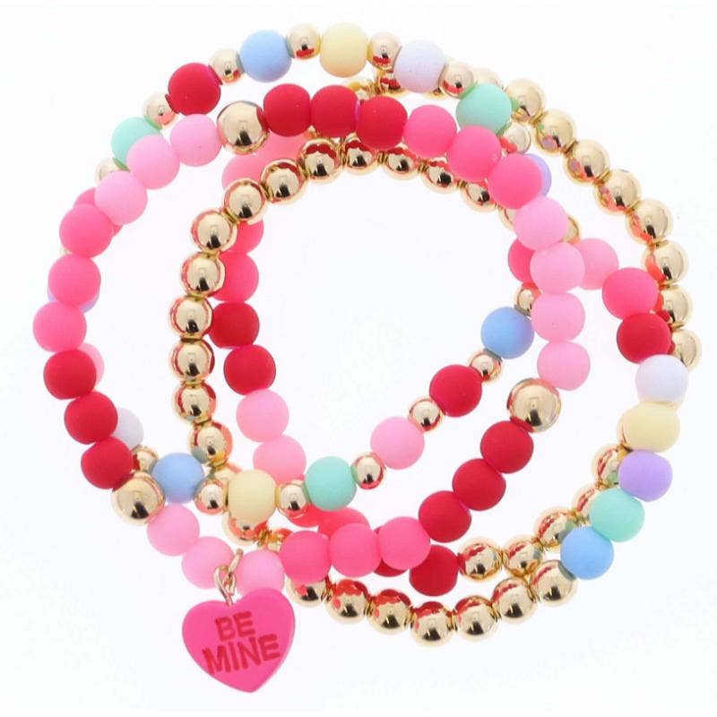 Kids Set of 4, Pink, White & Red & BE MINE Stretch Bracelet