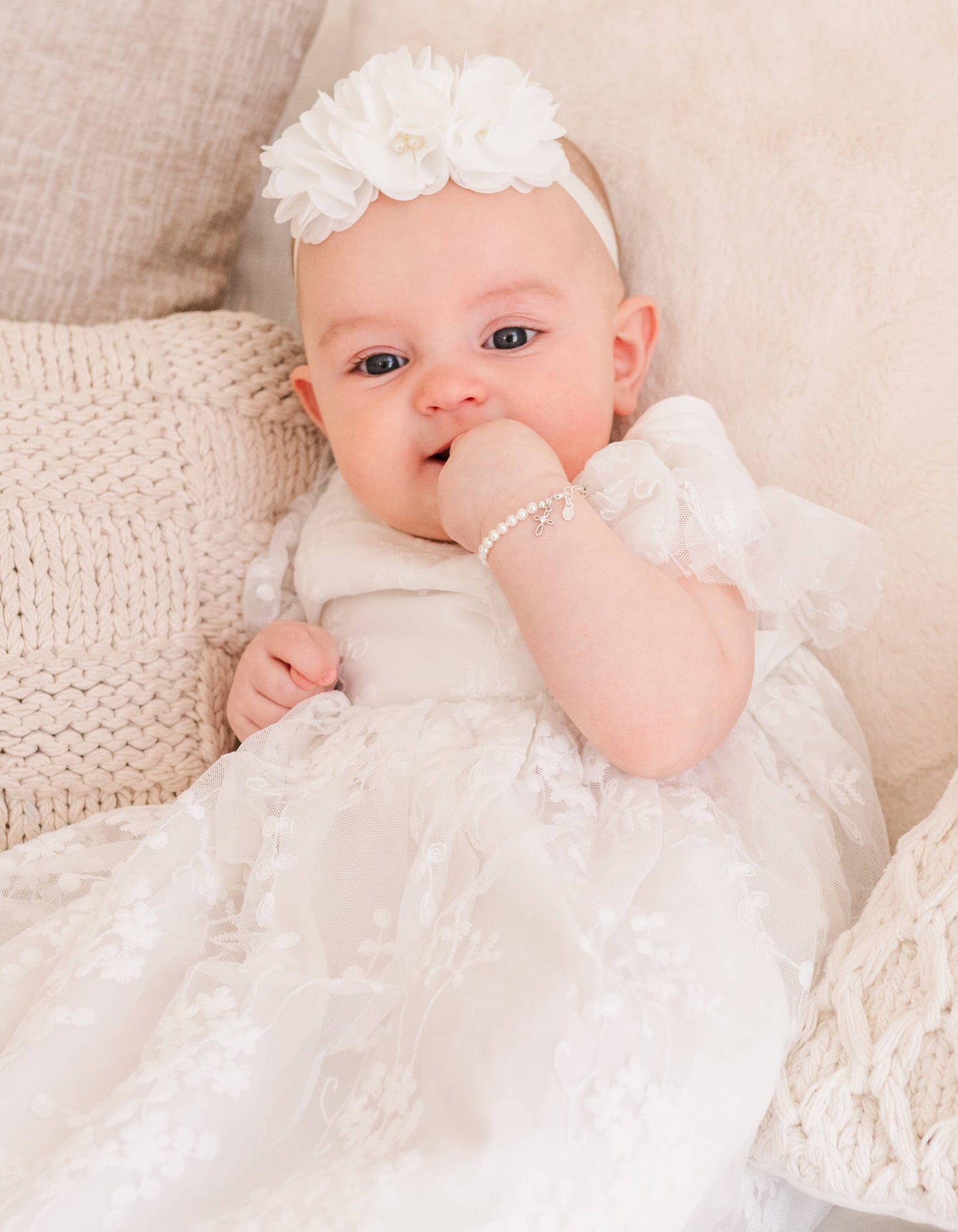 Girls Silver Pearl Baby Baptism Bracelet, 1st Communion Gift: Large 6-12 Years