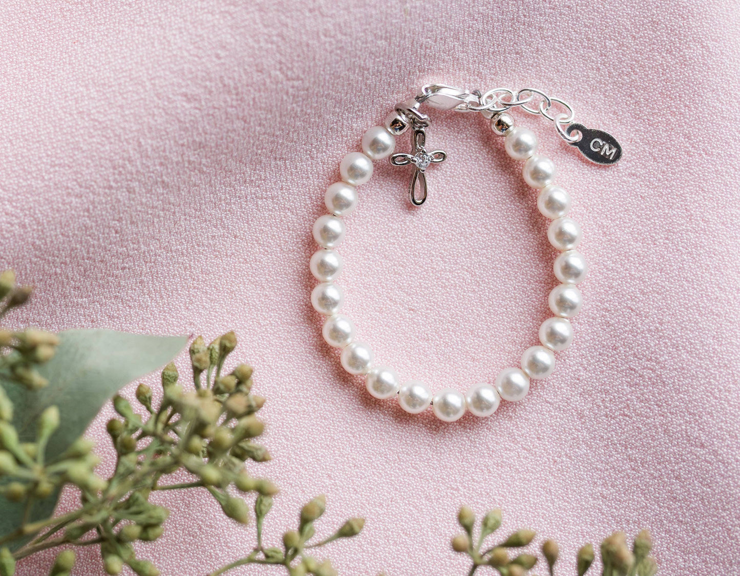 Girls Silver Pearl Baby Baptism Bracelet, 1st Communion Gift: Large 6-12 Years