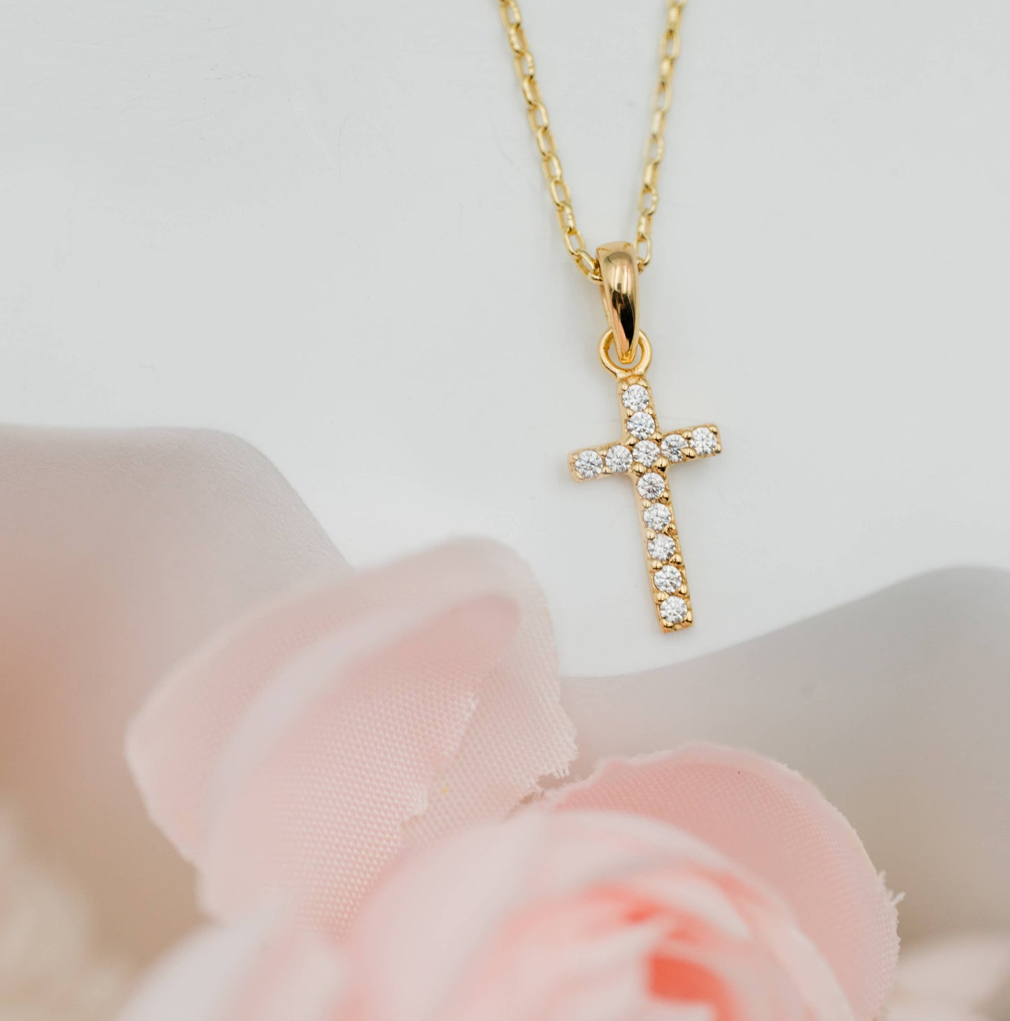 14K Gold-Plated Kids Cross CZ Necklace for Girls Communion: 16-18 inch
