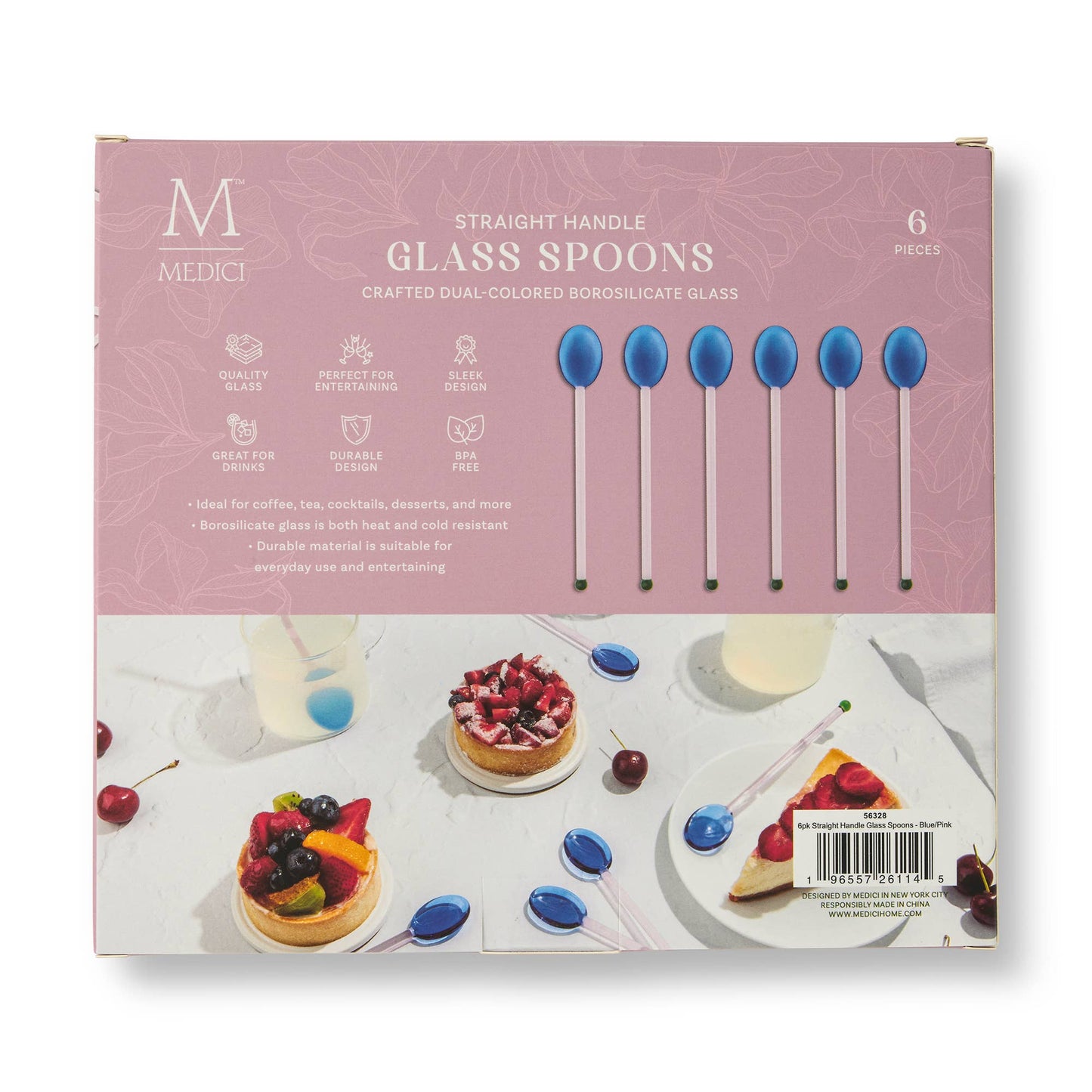 6pk Straight Handle Glass Spoons - Blue/Pink