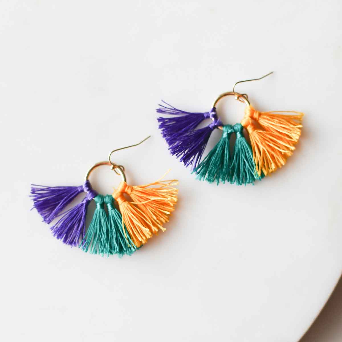 Bon Temps Tassel Earrings Purple/Green/Yellow 1.5"