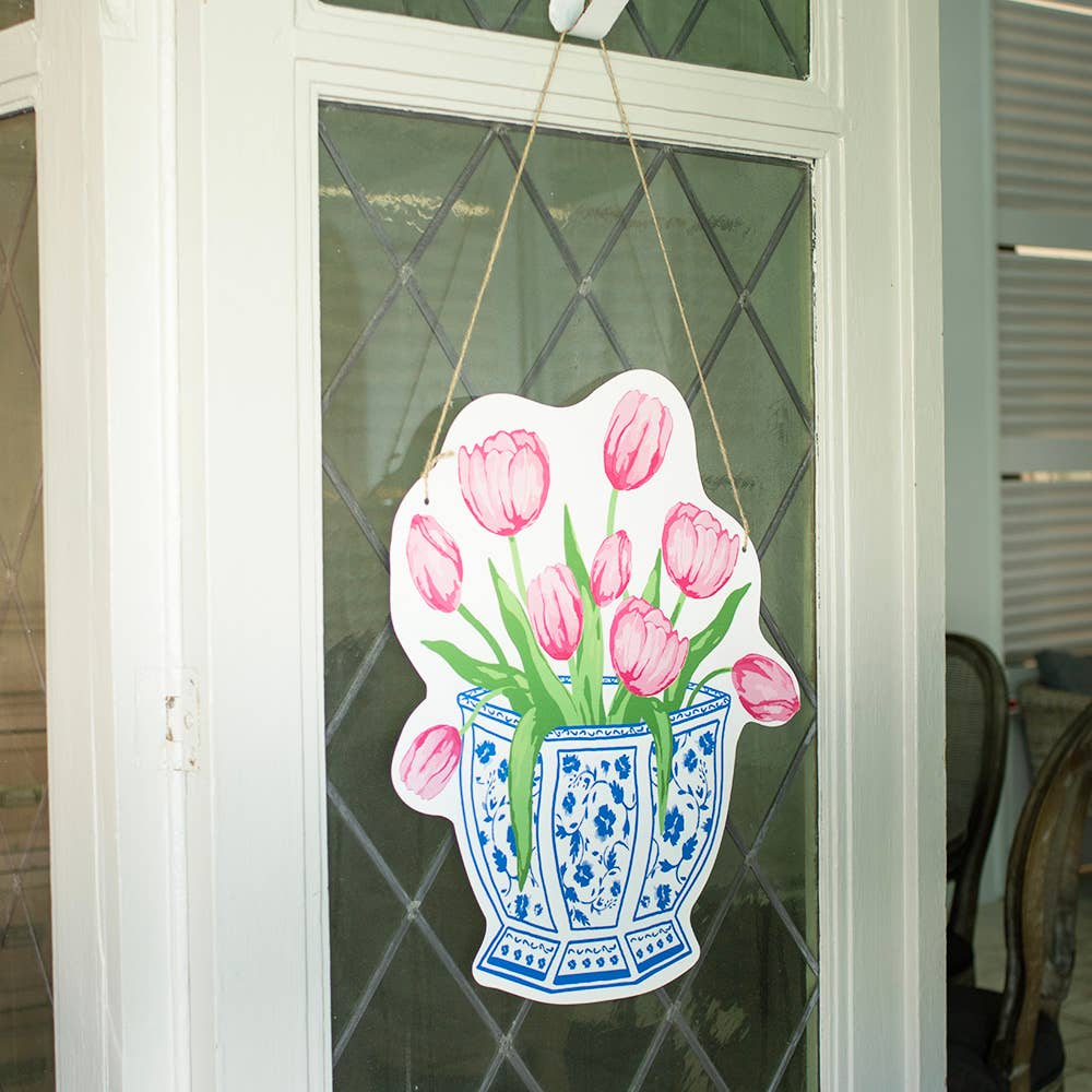 Chinoiserie Tulip Door Hanger Blue/White/Pink 19.75x16.3