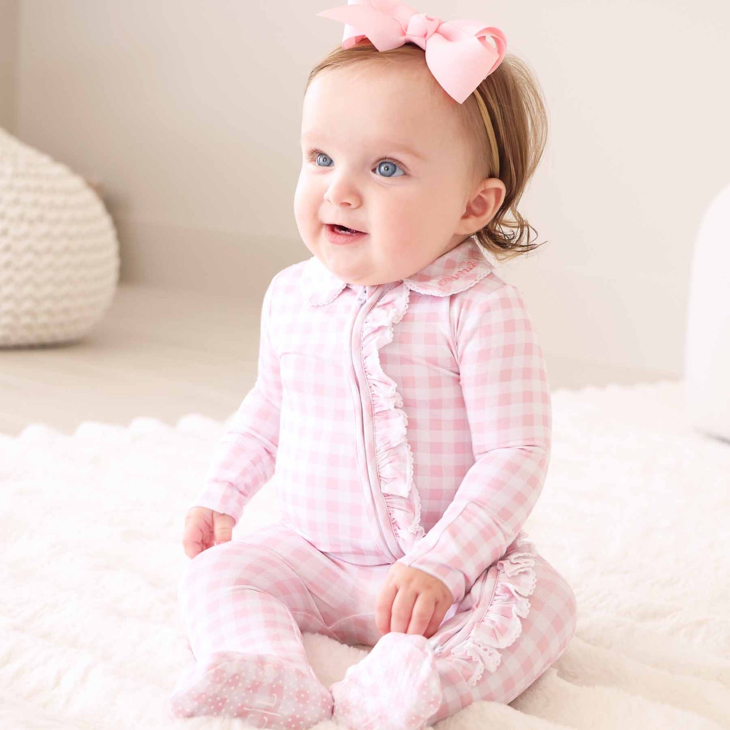 Peter Pan Collar Ruffle Zipper Footie | Rosy Gingham: Rosy Gingham / Non-Personalized / 0-3 months