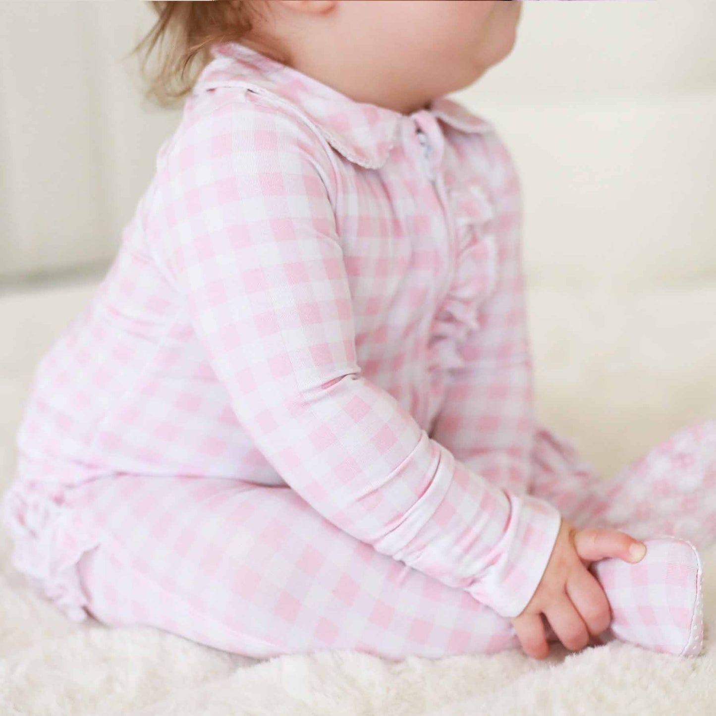 Peter Pan Collar Ruffle Zipper Footie | Rosy Gingham: Rosy Gingham / Non-Personalized / 0-3 months