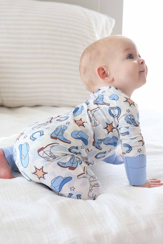 Rodeo Dreams Convertible Zip Romper | Blue: 0-3 months