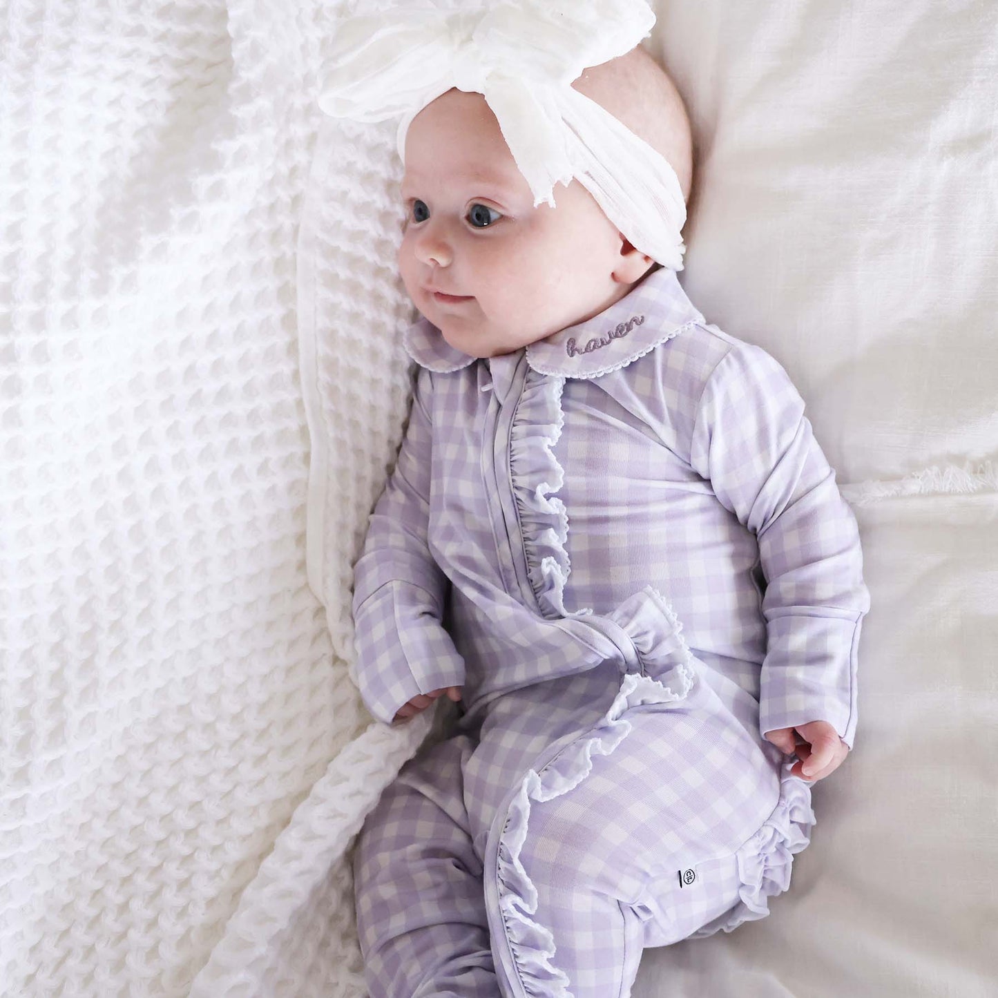 Peter Pan Collar Ruffle Zipper Footie: Rosy Gingham / Non-Personalized / 0-3 months