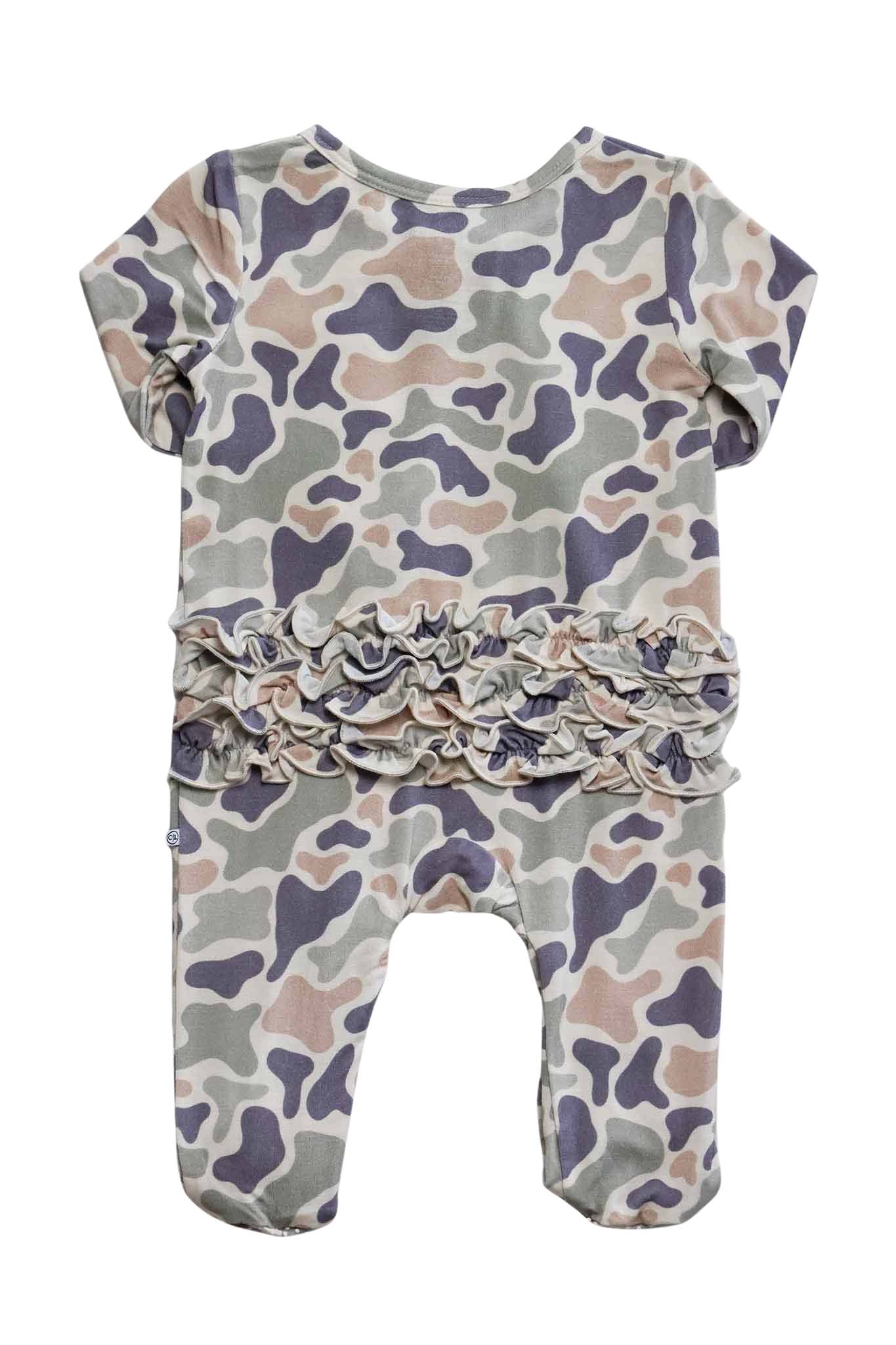 Ruffle Bamboo Zipper Footie | Camo Cutie: 0-3 months