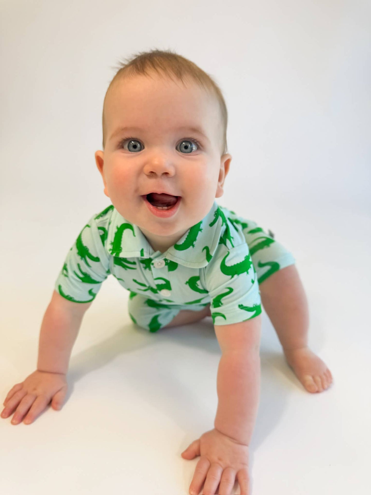 Blue Alligators - SS Polo Romper: 6-12 months