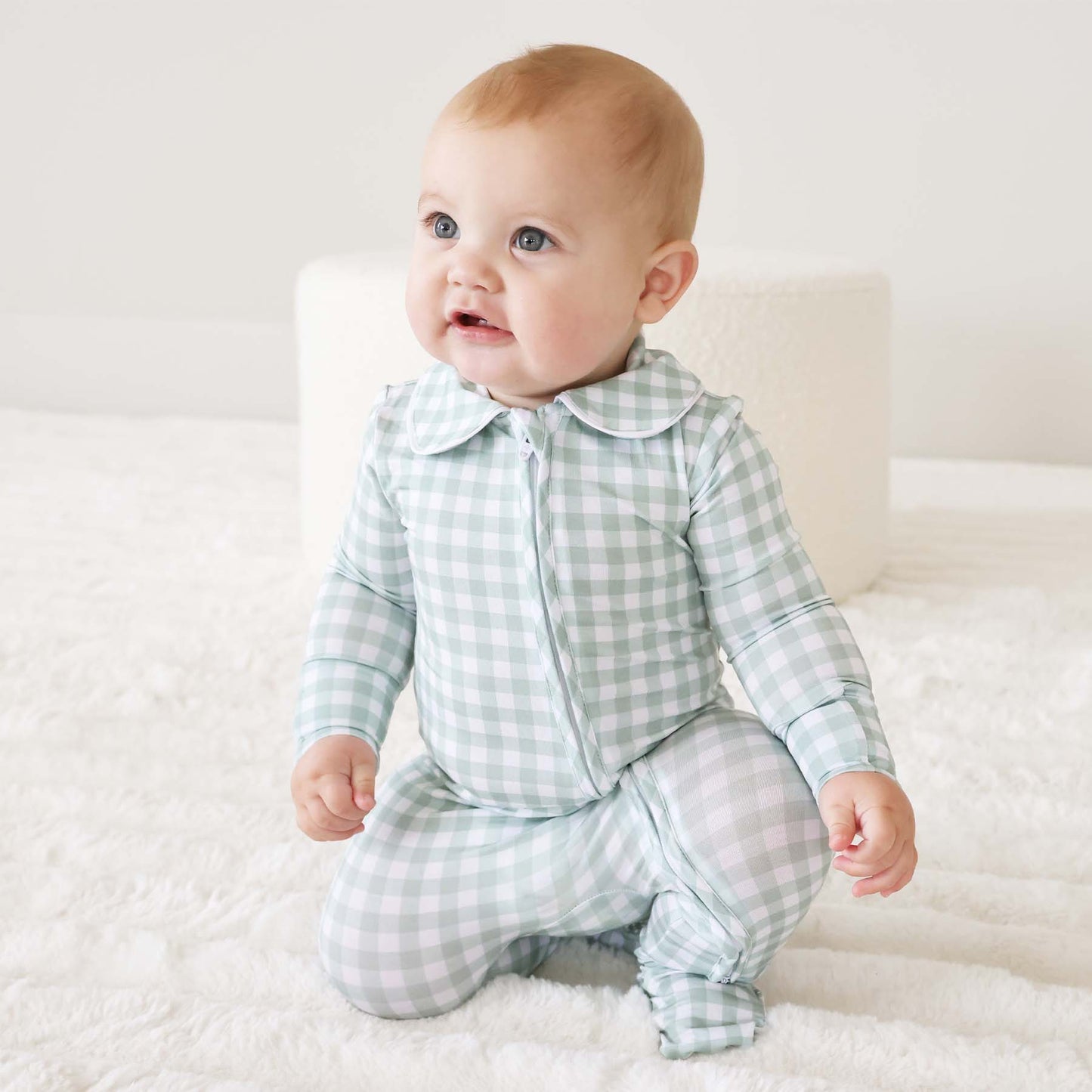 Peter Pan Collar Zipper Footie: Dusty Blue Gingham / Non-Personalized / 0-3 months