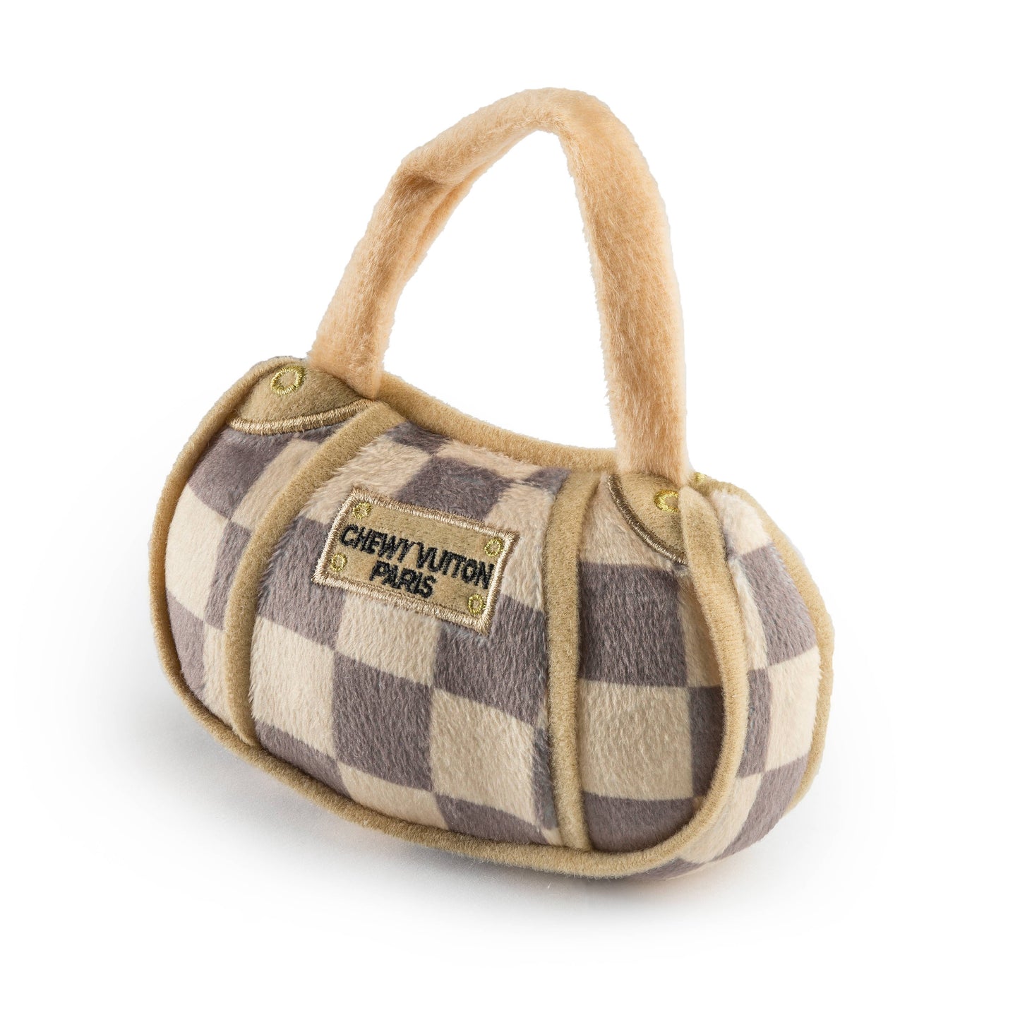 Checker Chewy Vuiton Handbag Squeaker Dog Toy: Small / Mini