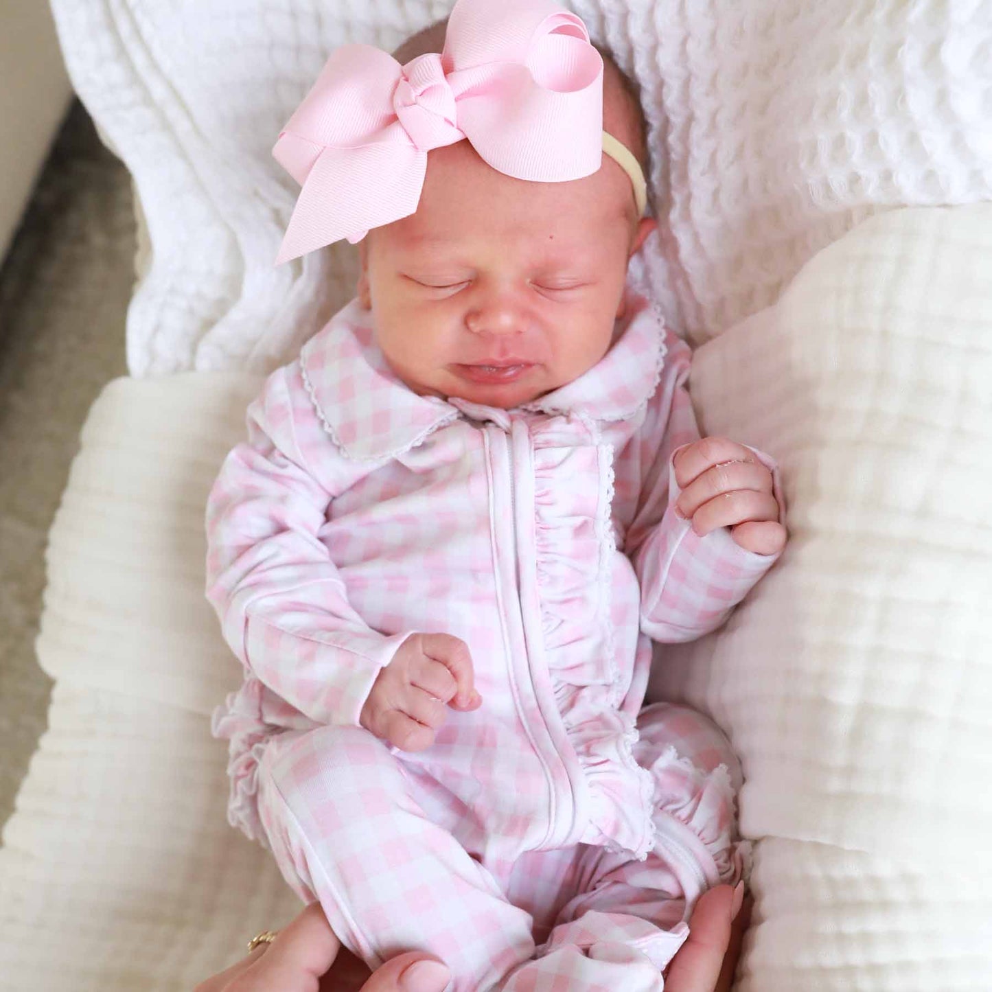 Peter Pan Collar Ruffle Zipper Footie | Rosy Gingham: Rosy Gingham / Non-Personalized / 0-3 months