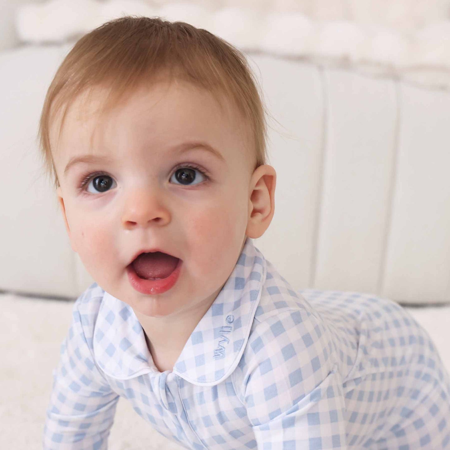 Peter Pan Collar Zipper Footie | Dusty Blue Gingham: Dusty Blue Gingham / Non-Personalized / 0-3 months