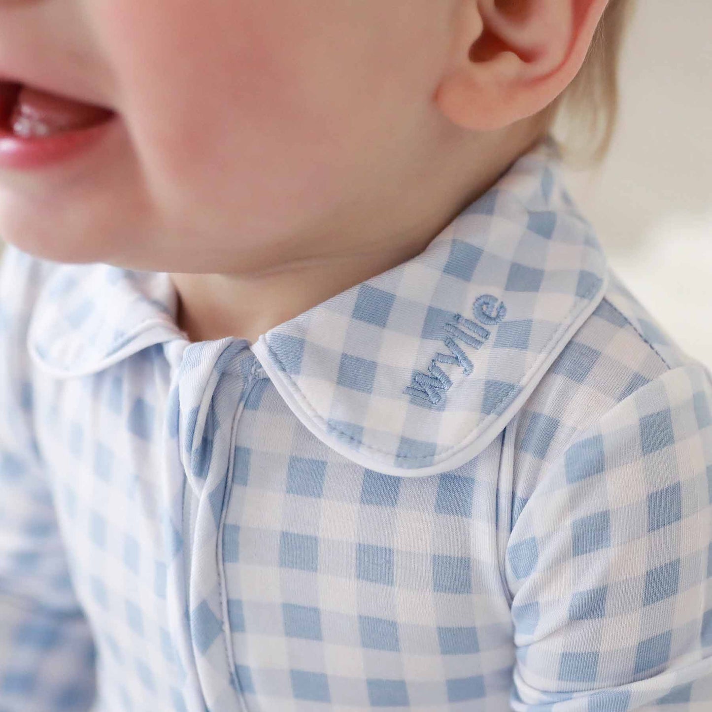 Peter Pan Collar Zipper Footie | Dusty Blue Gingham: Dusty Blue Gingham / Non-Personalized / 0-3 months