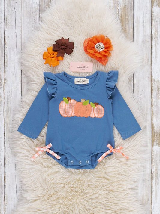 Chilly Pumpkin Picnic Embroidered Ruffle Bubble Romper: 0/3MOS