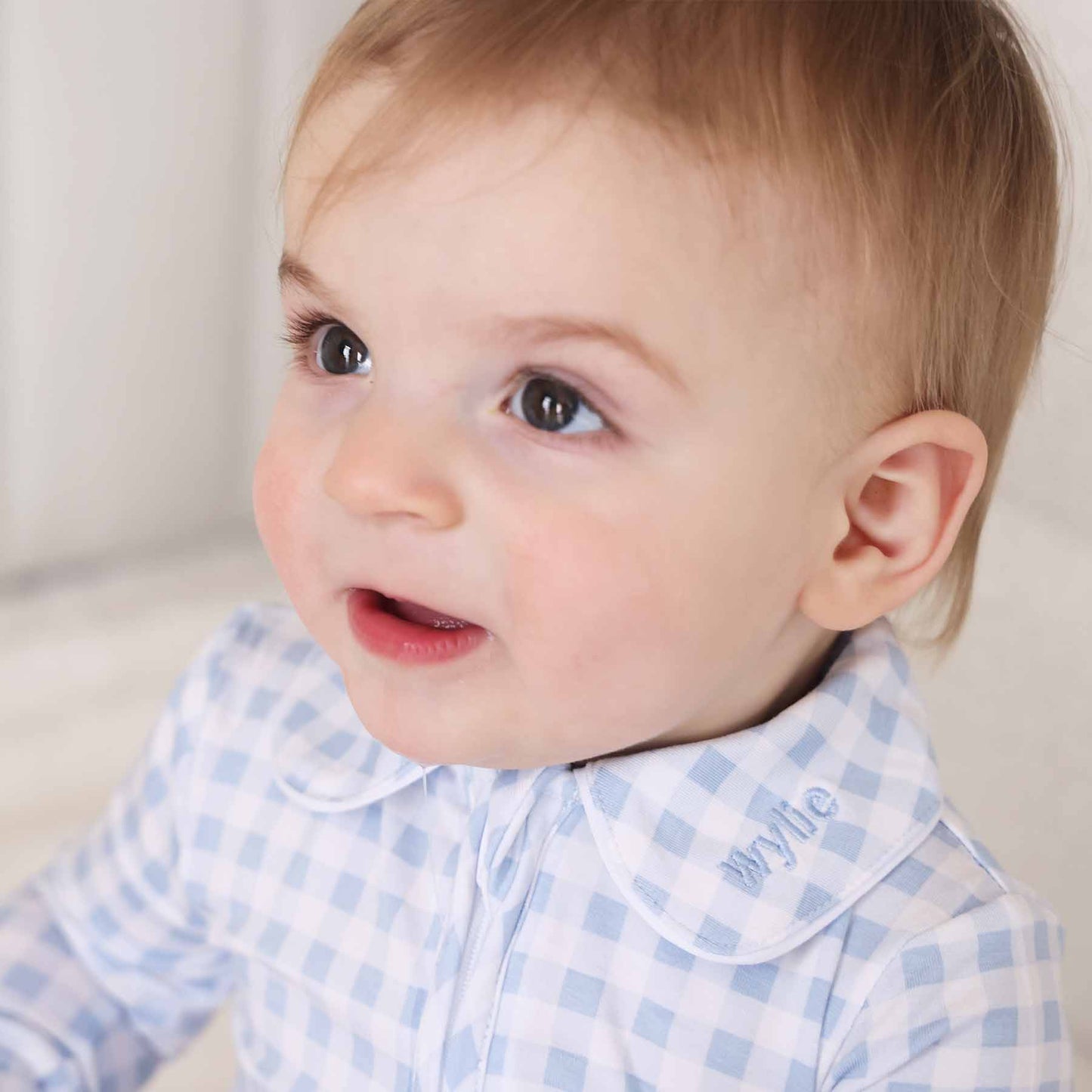 Peter Pan Collar Zipper Footie | Dusty Blue Gingham: Dusty Blue Gingham / Non-Personalized / 0-3 months
