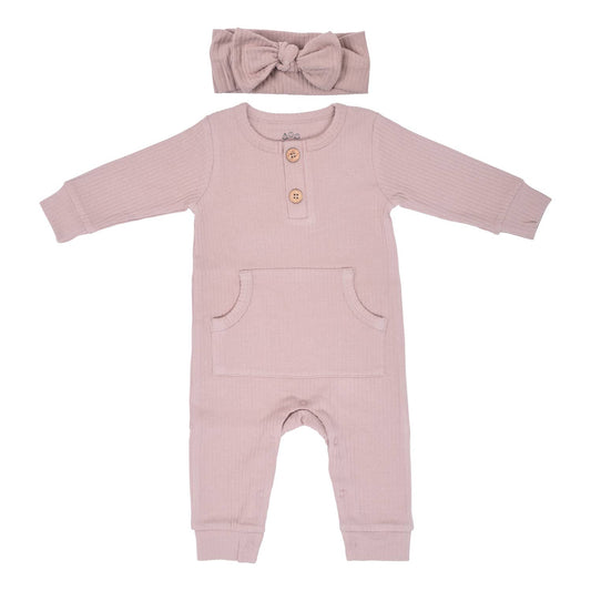 Baby Ribbed Playsuit with Pockets and Bow: Mauve / 3-6 Months