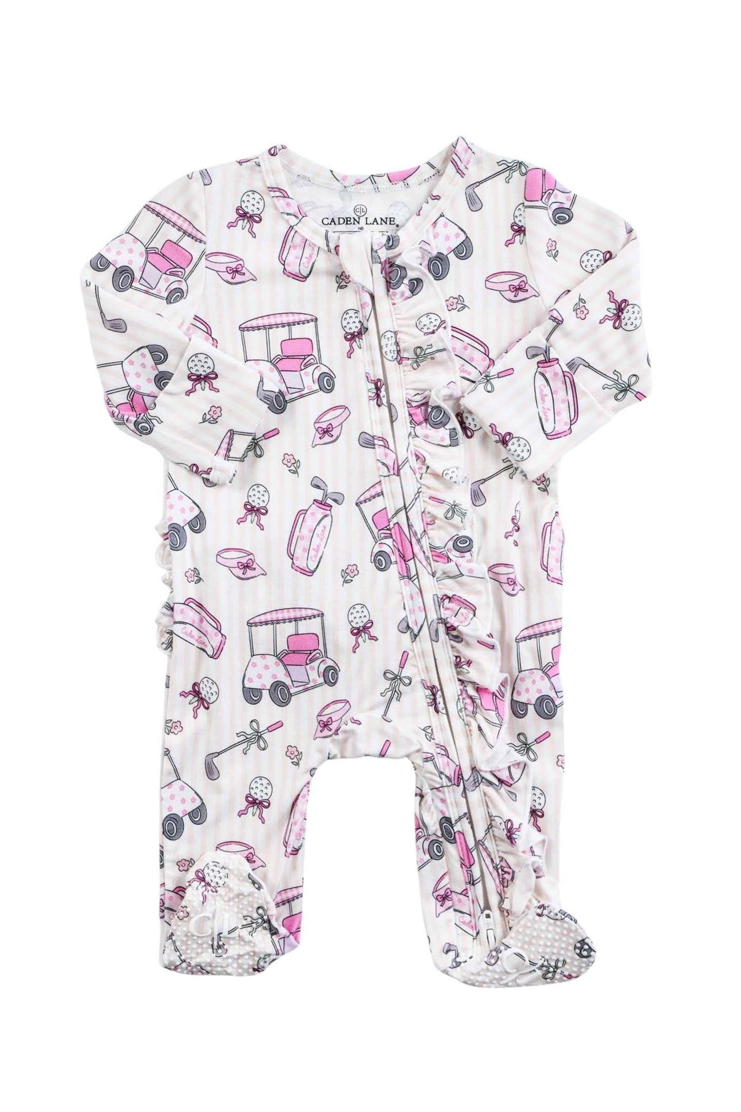 Ruffle Bamboo Zipper Footie | Caddie Crew Pink: Newborn