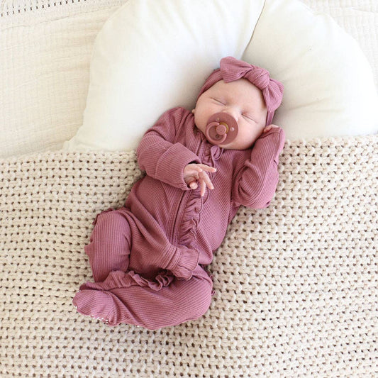 Boysenberry Bamboo Waffle Zipper Ruffle Footie: 0-3 months