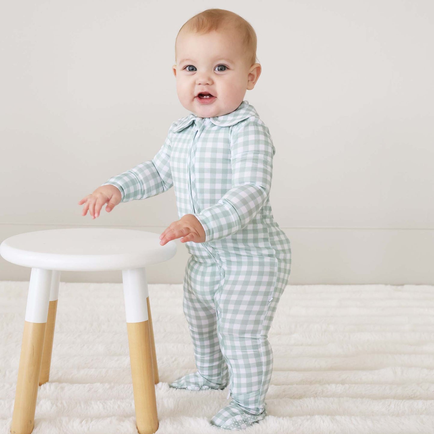 Peter Pan Collar Zipper Footie: Dusty Blue Gingham / Non-Personalized / 0-3 months