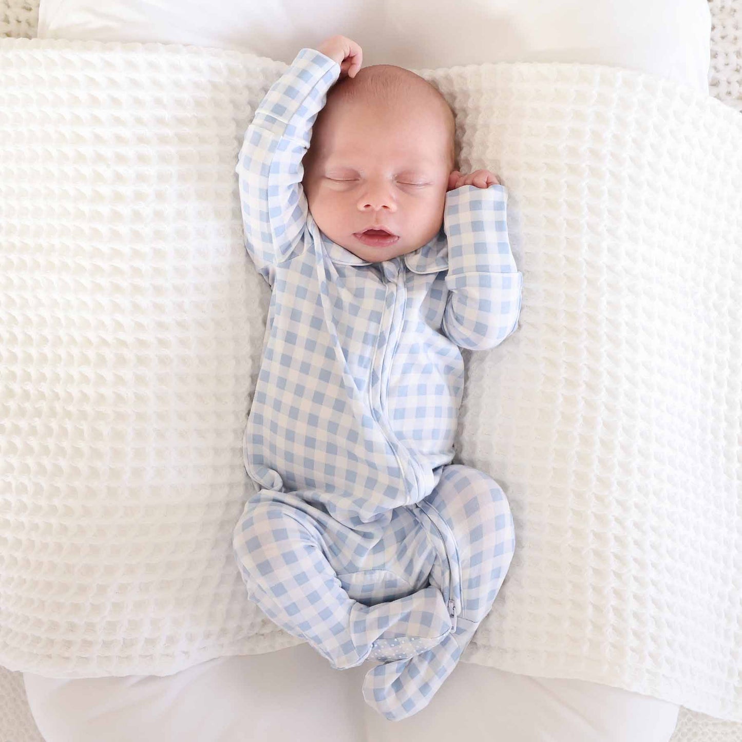 Peter Pan Collar Zipper Footie | Dusty Blue Gingham: Dusty Blue Gingham / Non-Personalized / 0-3 months