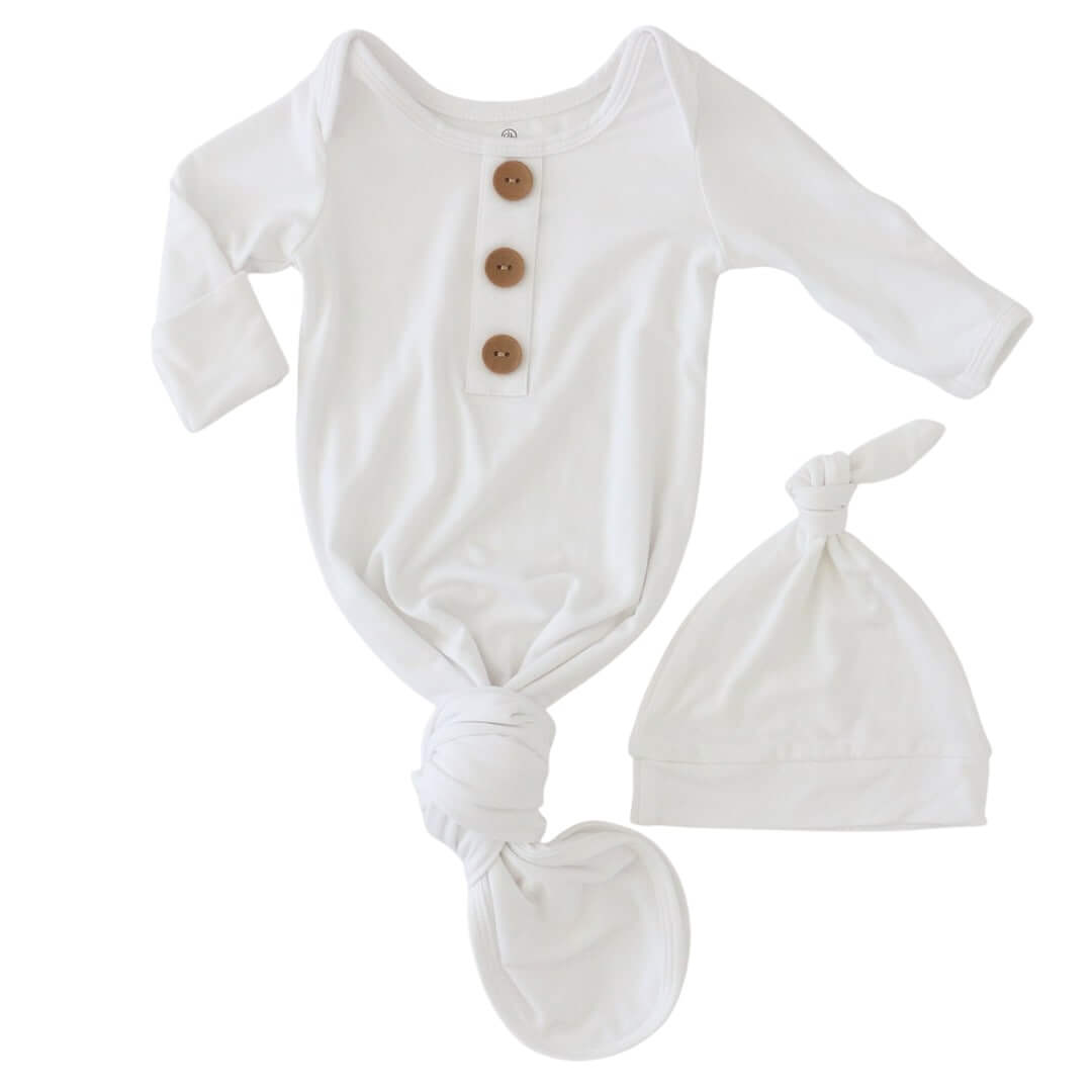 Solid White Bamboo Baby Knot Gown & Hat: Newborn / 7-14lbs+