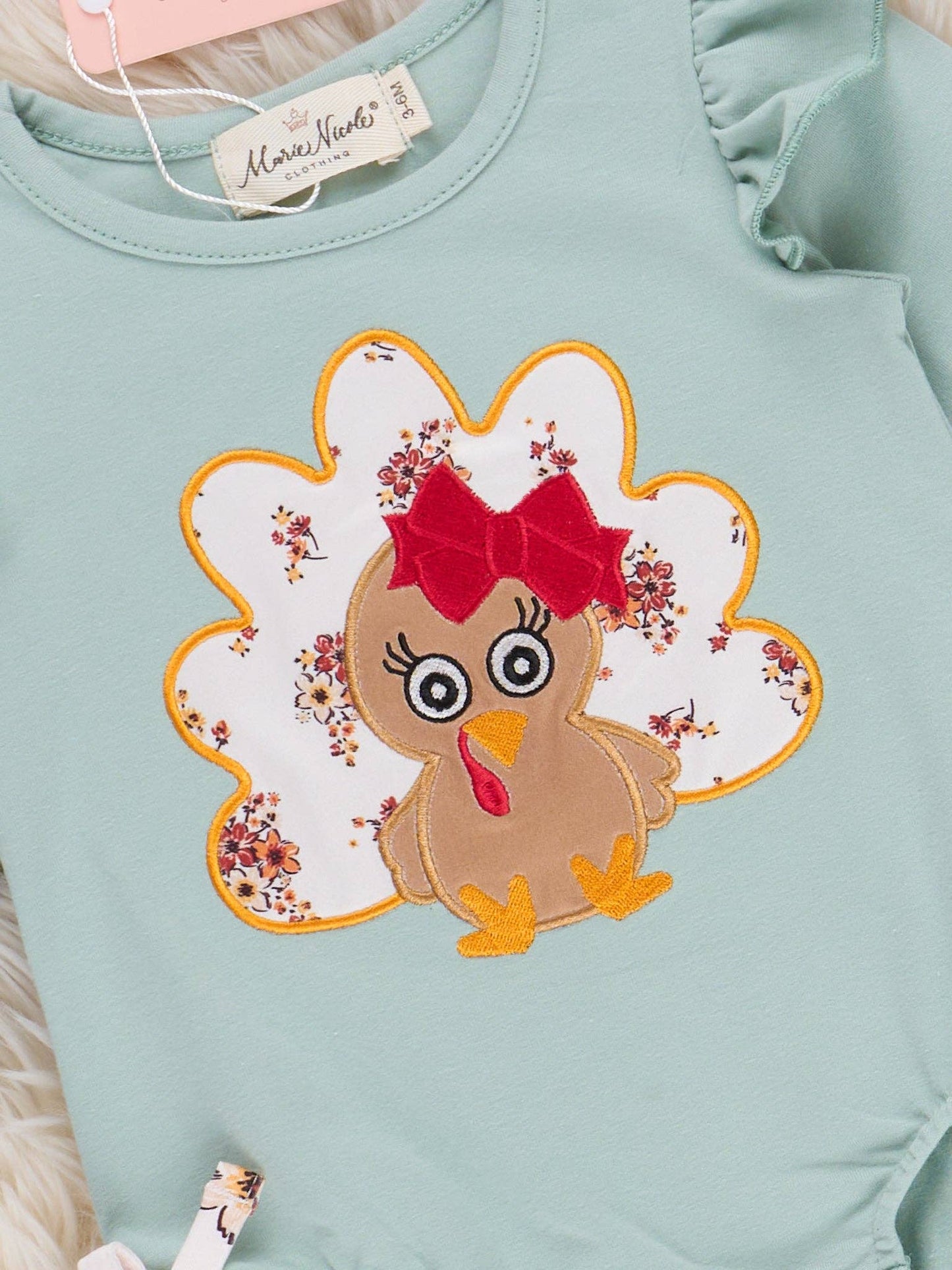 Baby Turkey Embroidered Bow Bubble Romper: 0/3MOS