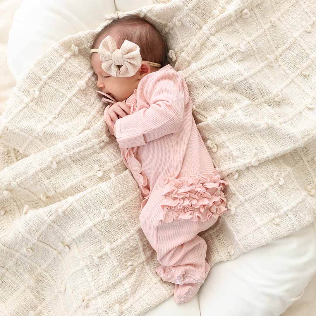 Lovely Pink Bamboo Waffle Zipper Ruffle Footie: Newborn