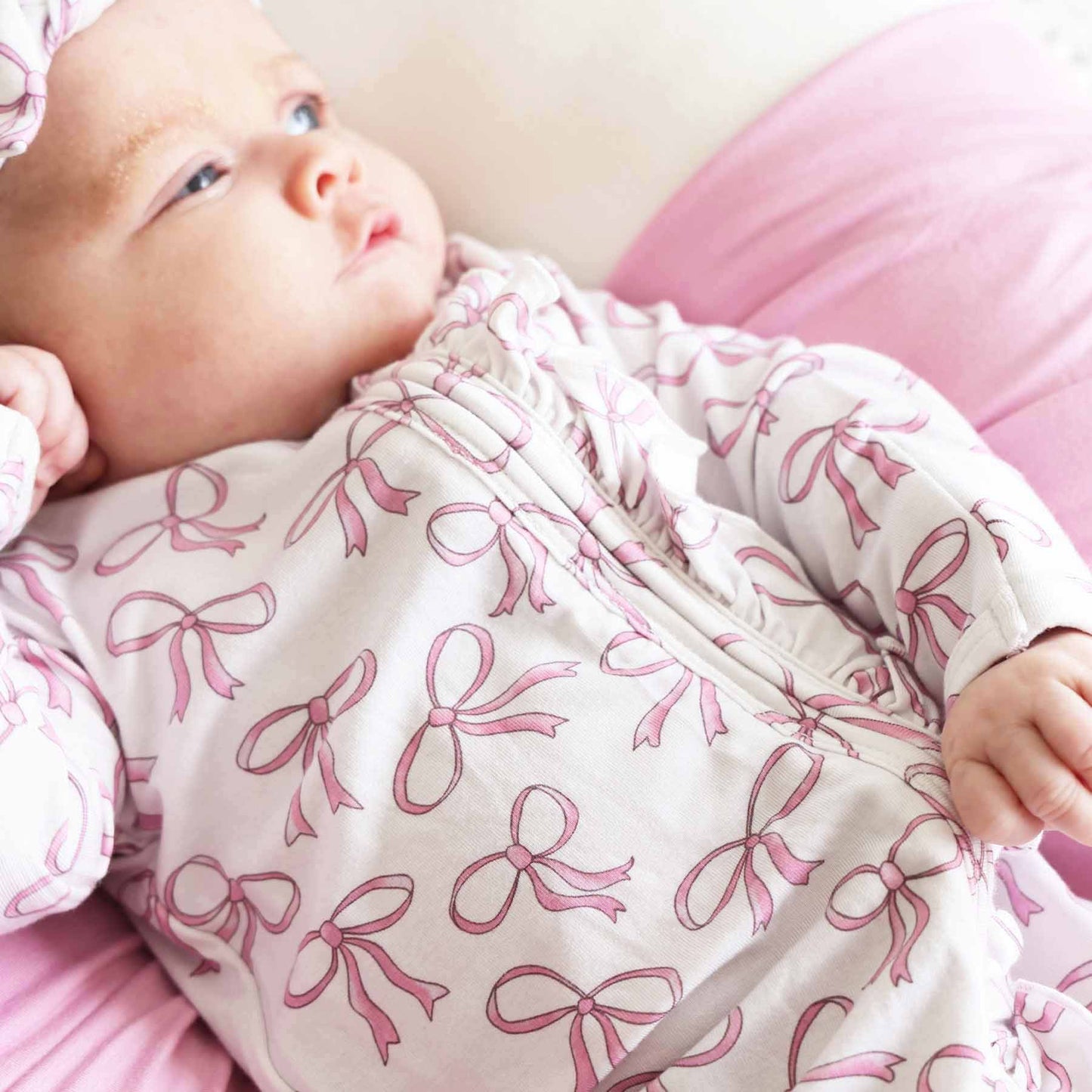 Blushing Bows Ruffle Zipper Footie: 0-3 months