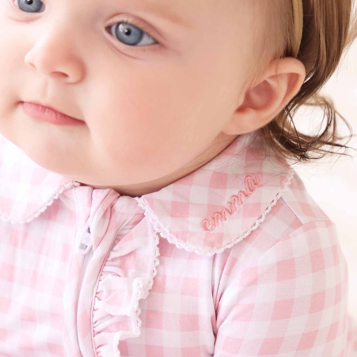 Peter Pan Collar Ruffle Zipper Footie | Rosy Gingham: Rosy Gingham / Non-Personalized / 0-3 months