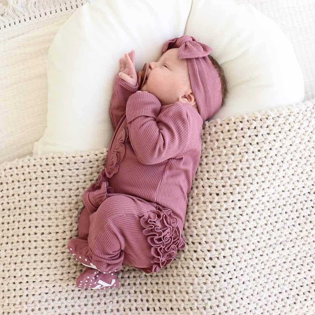 Boysenberry Bamboo Waffle Zipper Ruffle Footie: 0-3 months