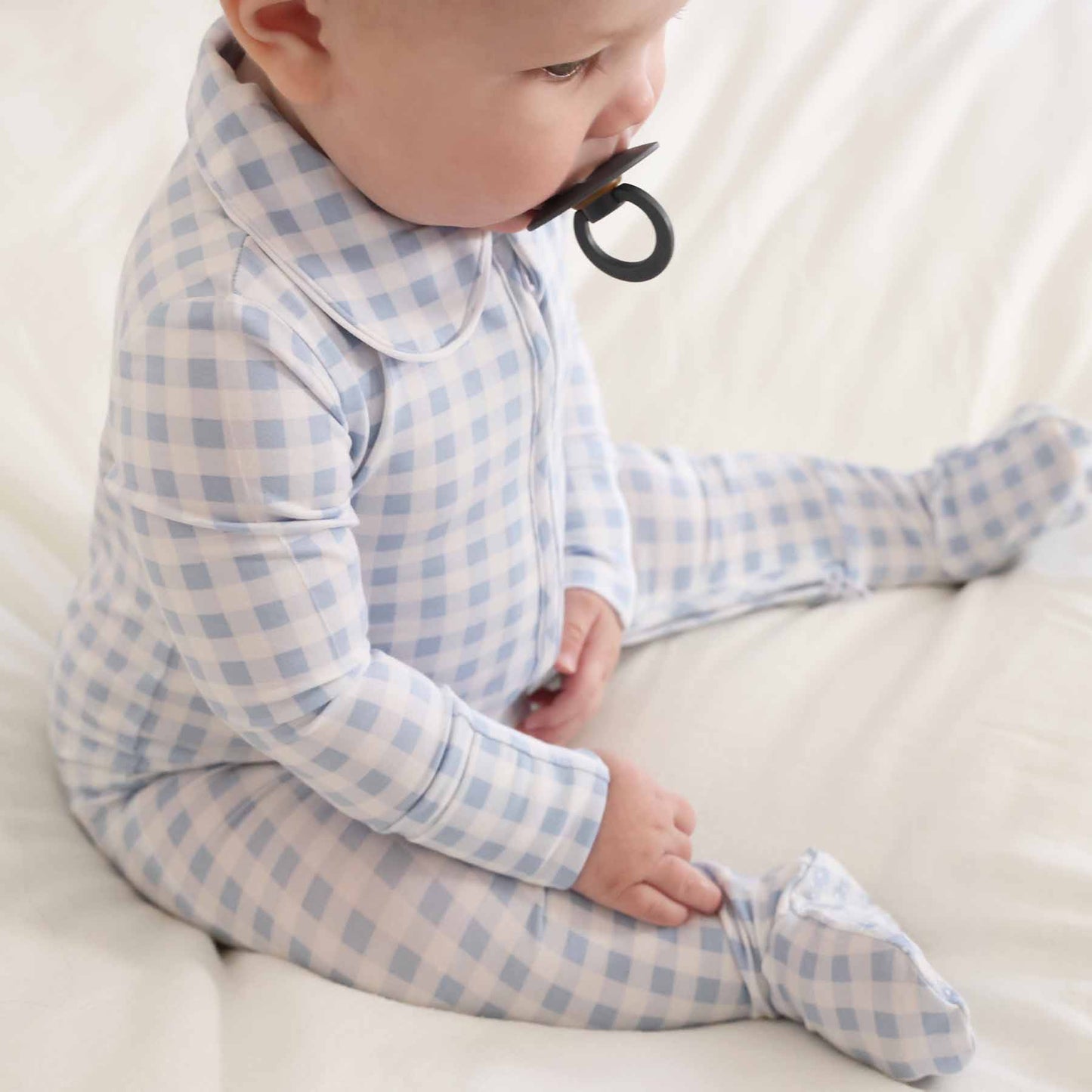 Peter Pan Collar Zipper Footie: Dusty Blue Gingham / Non-Personalized / 0-3 months