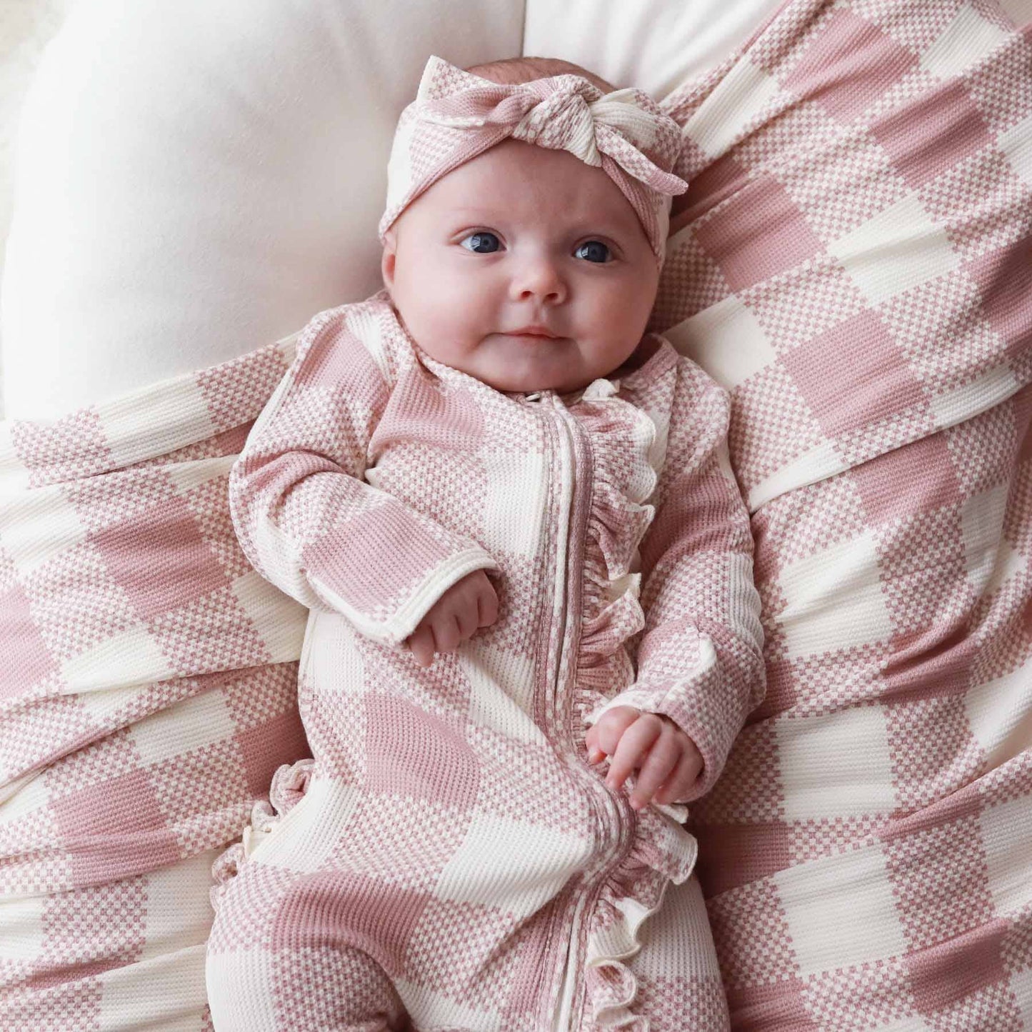 Big Check Bamboo Waffle Zipper Ruffle Footie | Rosy: Newborn