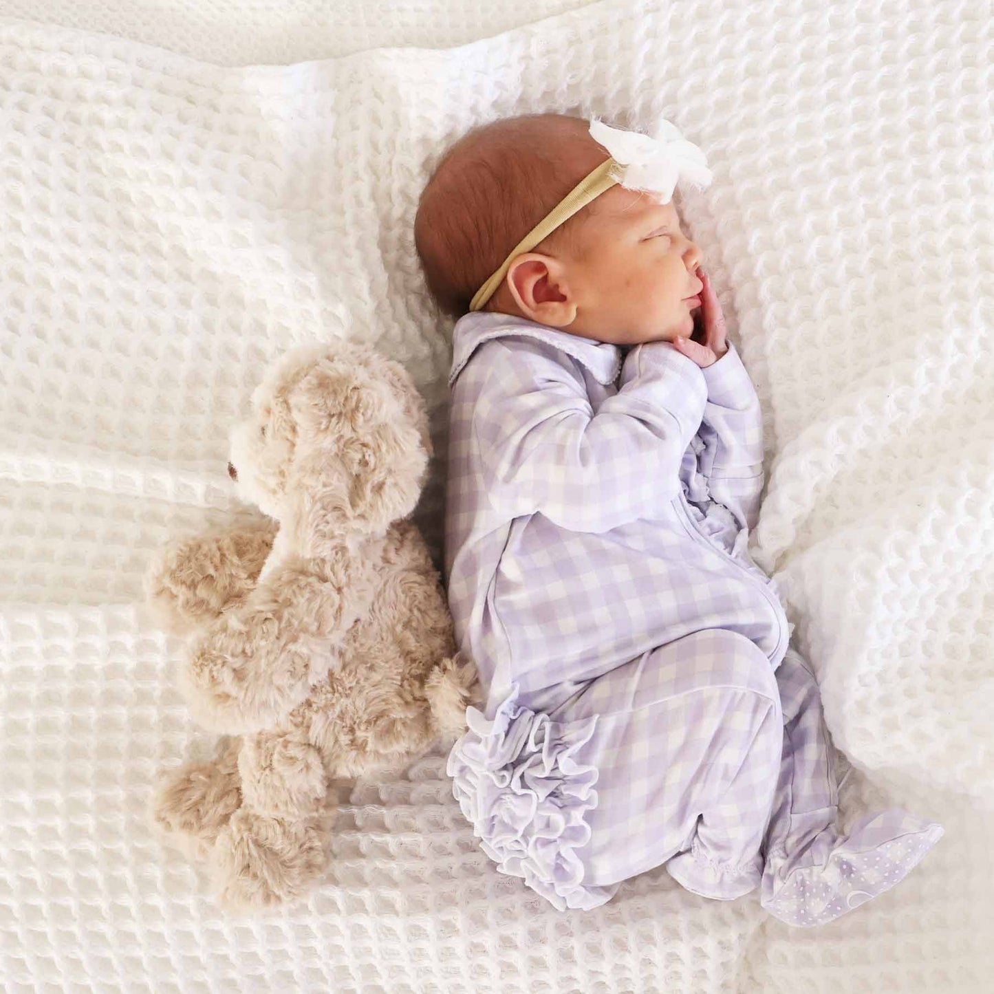 Peter Pan Collar Ruffle Zipper Footie: Rosy Gingham / Non-Personalized / 0-3 months