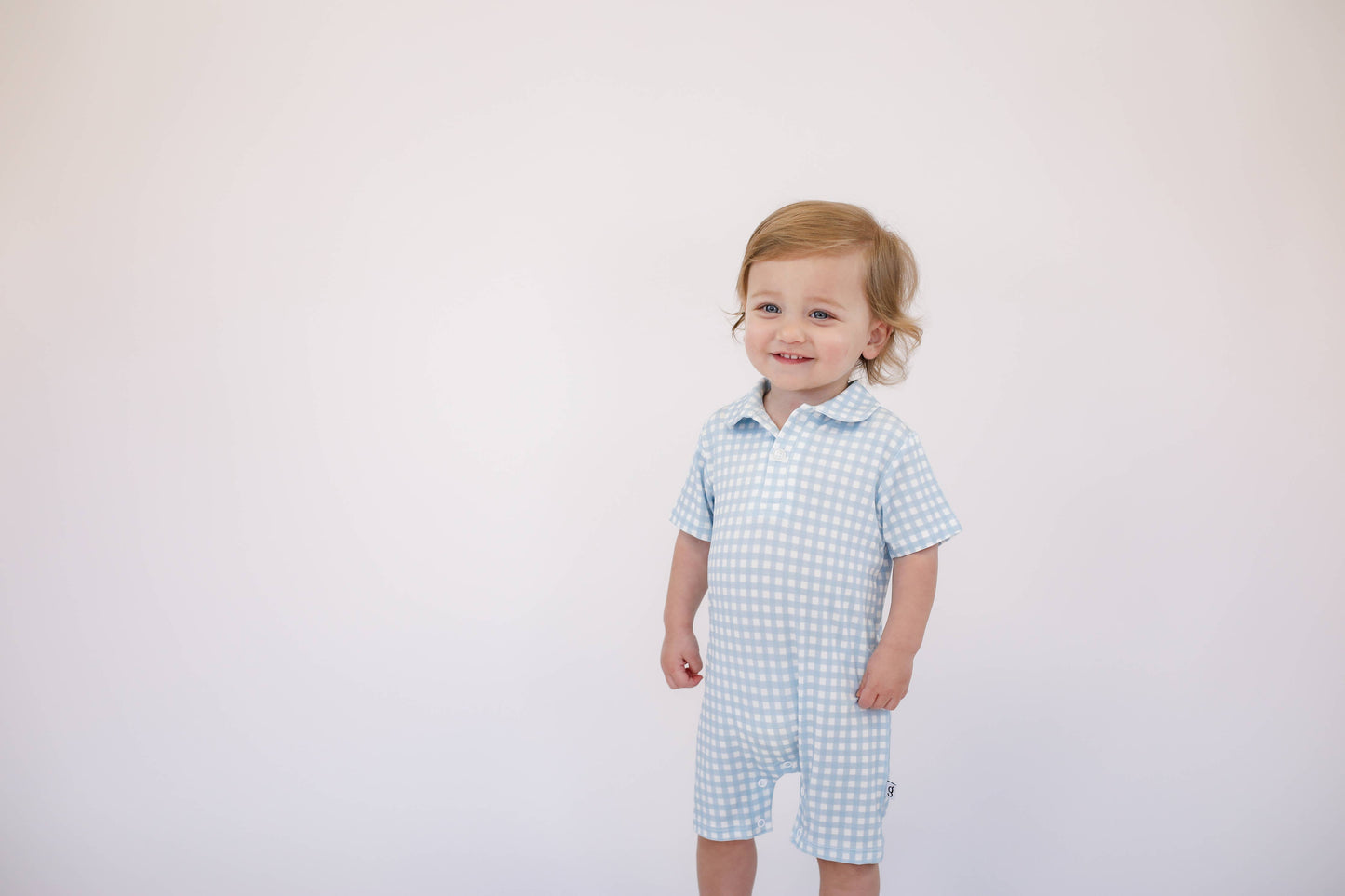 Short Sleeve Polo Romper -Blue Gingham: 12-18 mo