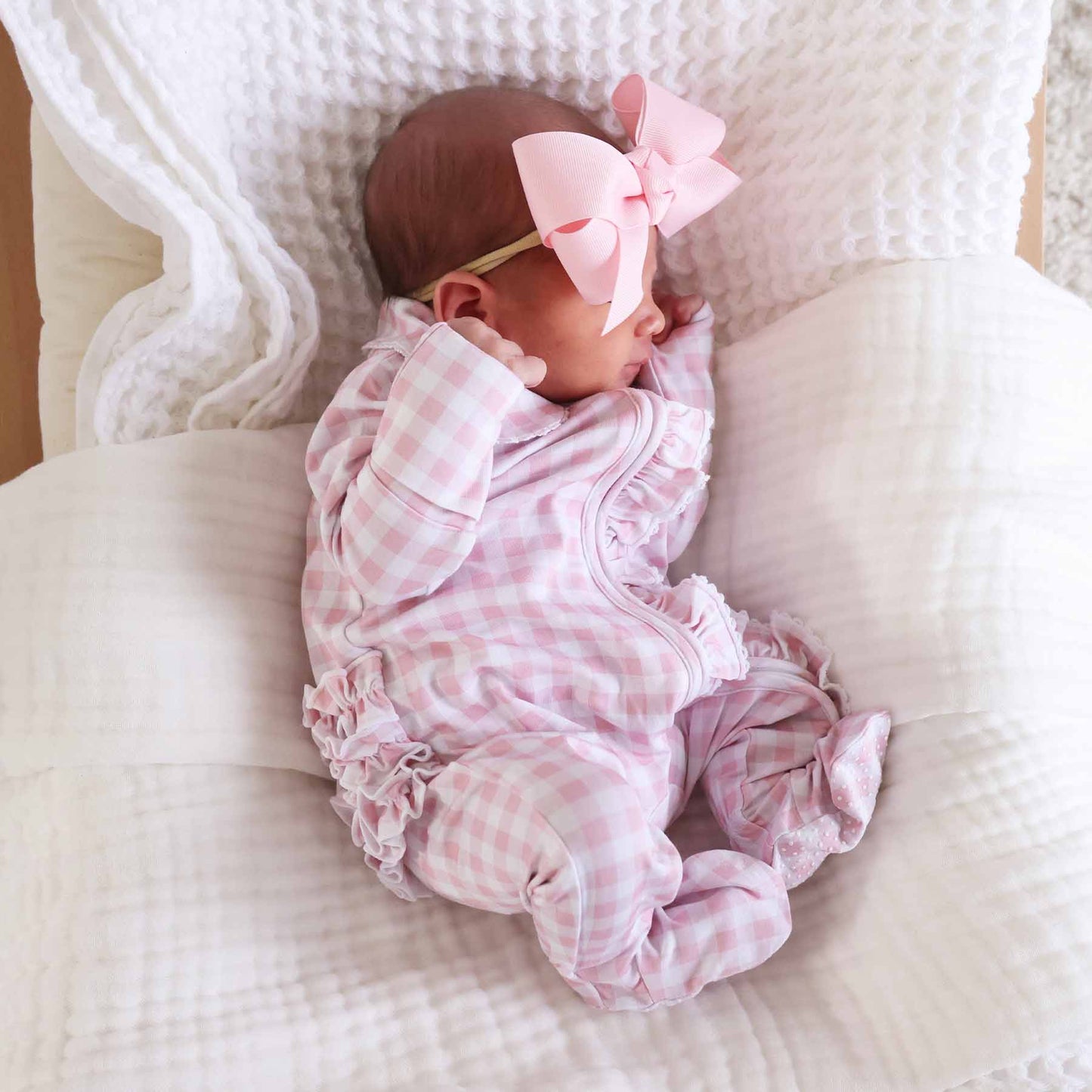 Peter Pan Collar Ruffle Zipper Footie | Rosy Gingham: Rosy Gingham / Non-Personalized / 0-3 months