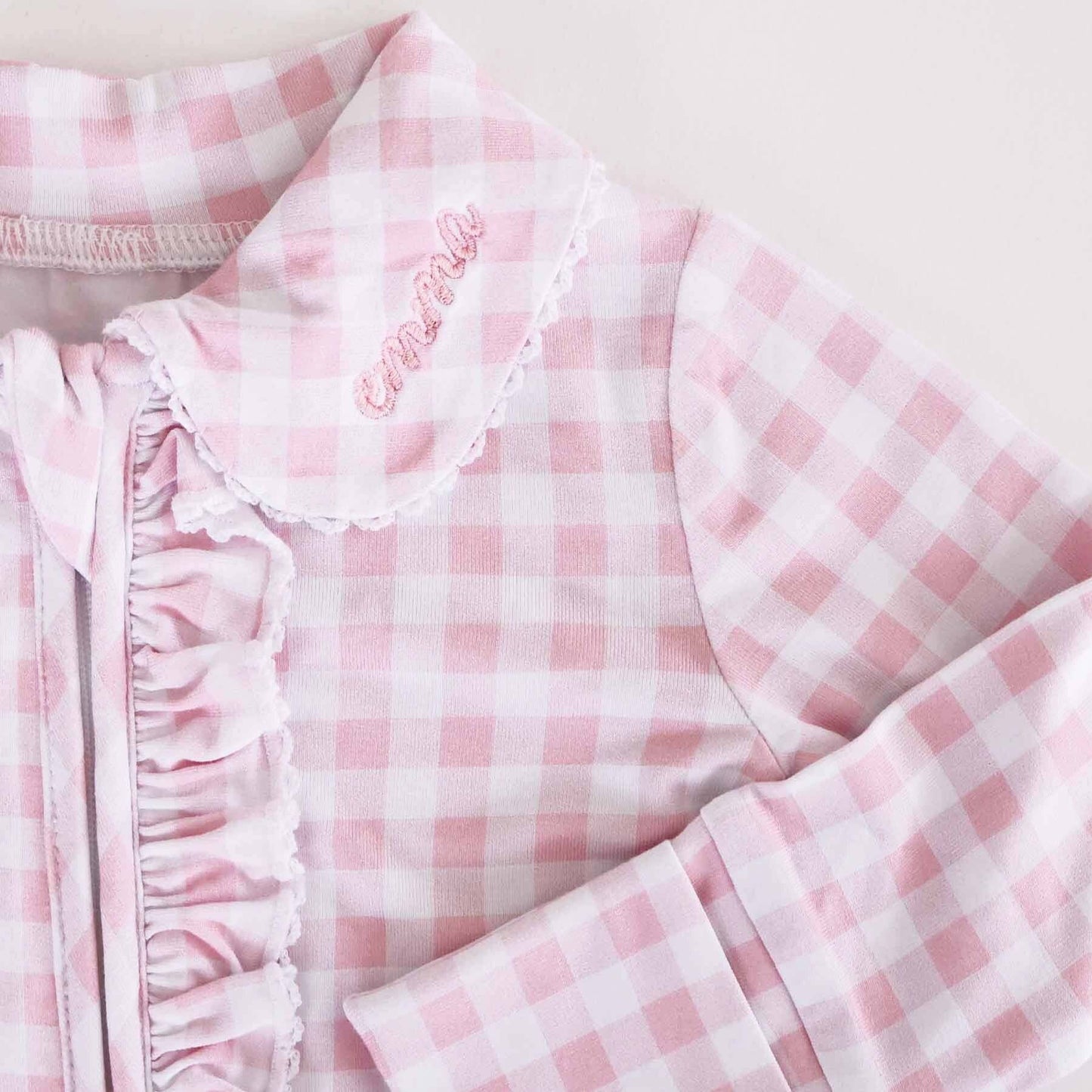 Peter Pan Collar Ruffle Zipper Footie | Rosy Gingham: Rosy Gingham / Non-Personalized / 0-3 months