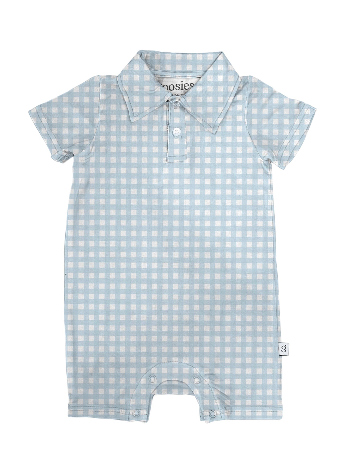 Short Sleeve Polo Romper -Blue Gingham: 0-3 mo