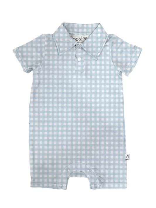 Short Sleeve Polo Romper -Blue Gingham: 12-18 mo