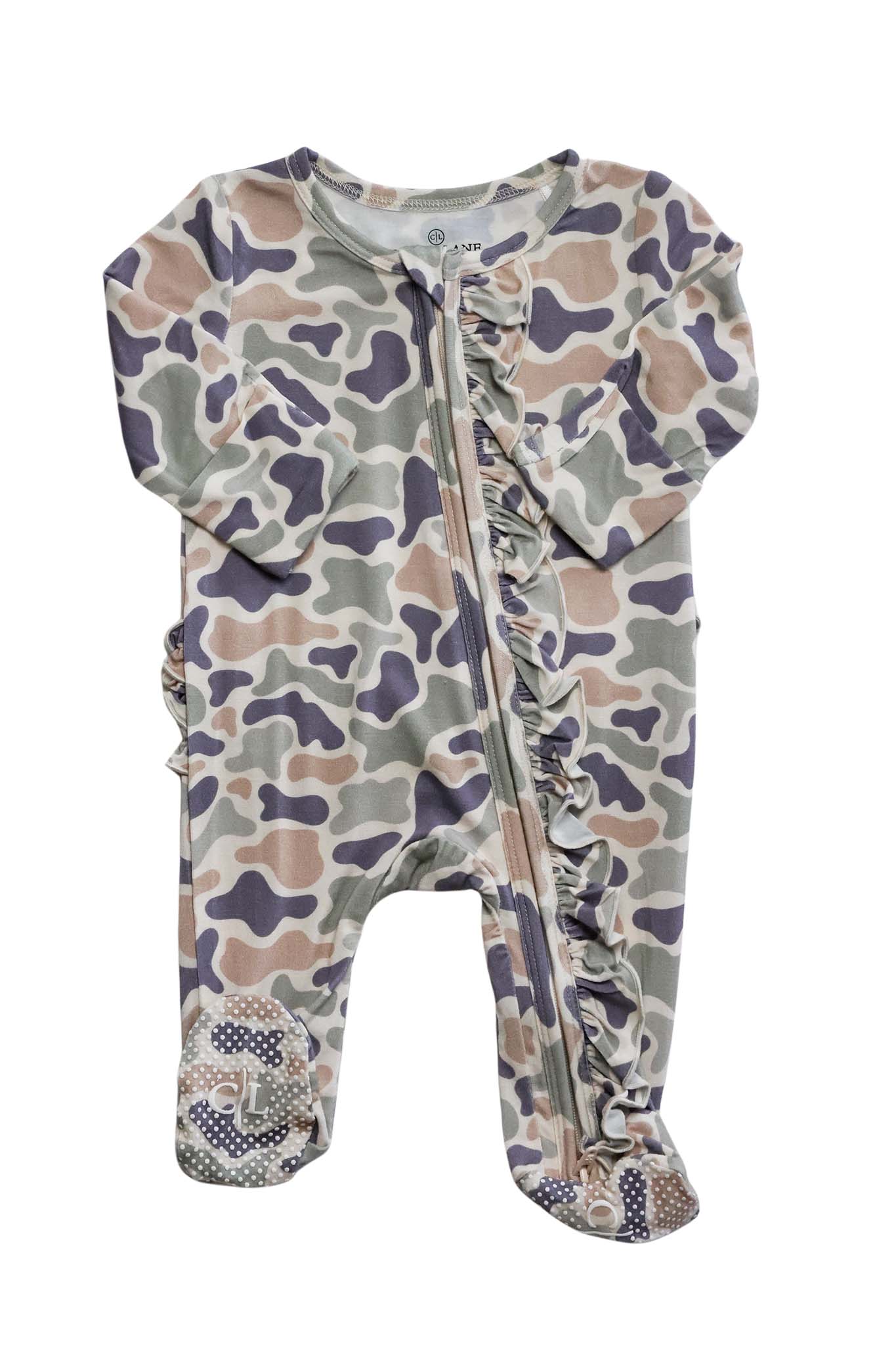 Ruffle Bamboo Zipper Footie | Camo Cutie: 0-3 months